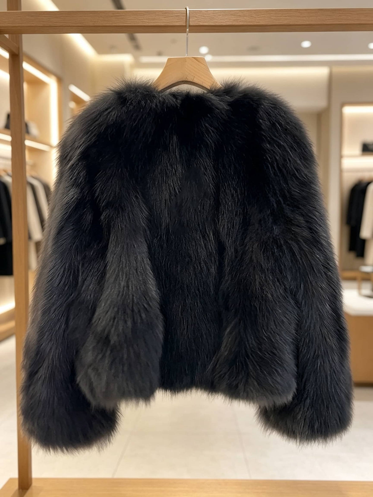 A dark gray to black faux fur jacket hanging on a wooden hanger on a clothing rack inside a boutique.