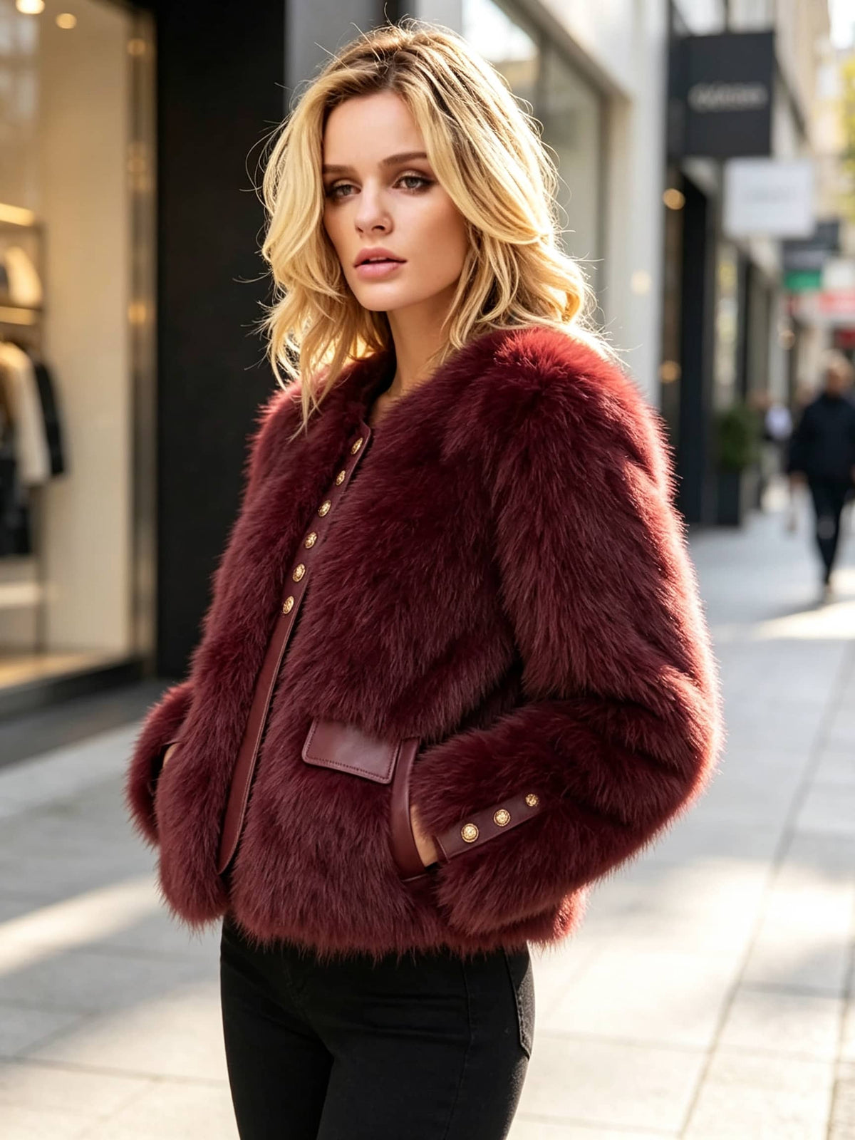 A woman wearing a plush burgundy faux fur jacket with brown leather trim and gold-tone buttons, standing on a city street.