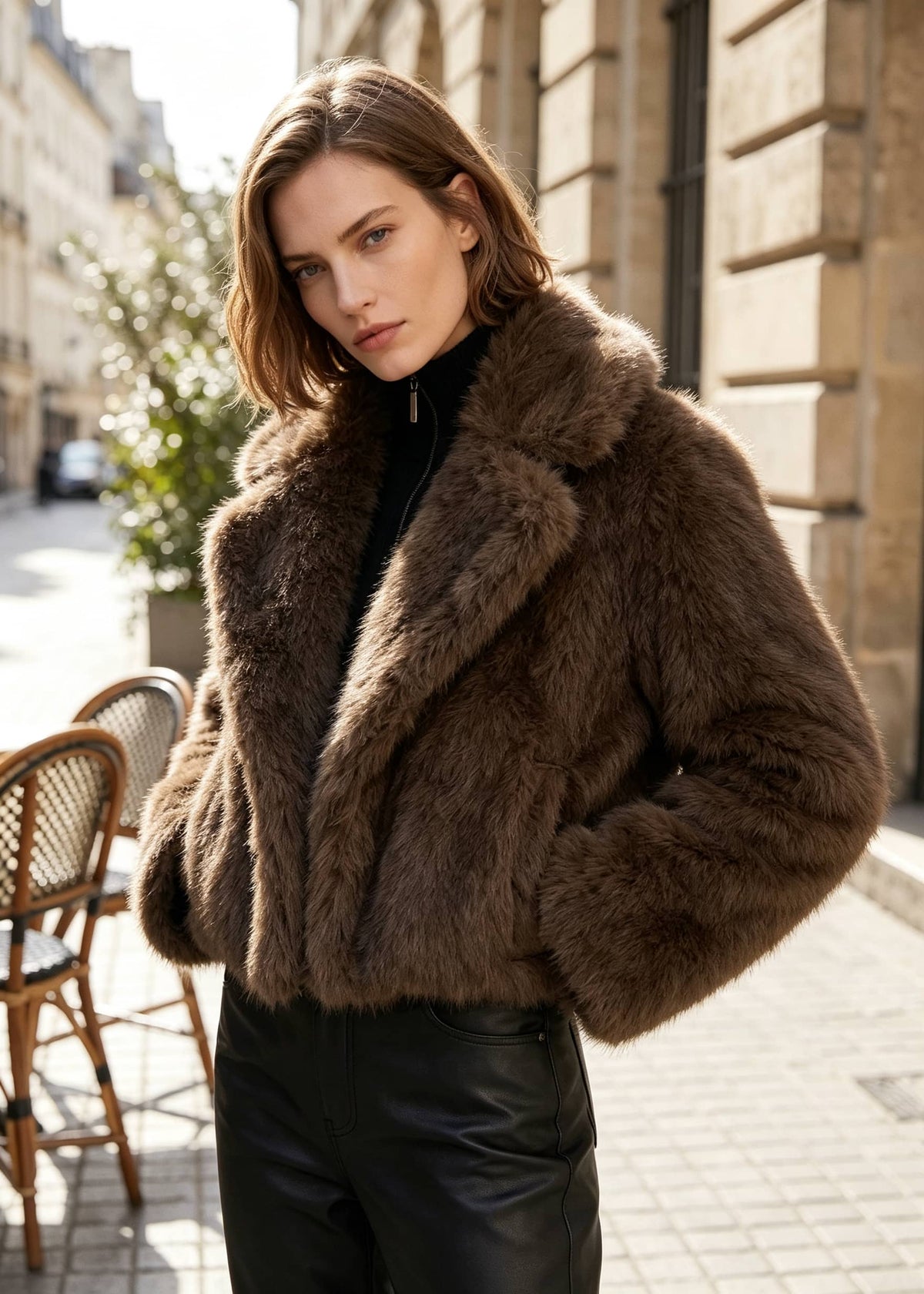 Close-up view of a woman wearing an espresso brown cropped faux fur jacket with wide notch lapels and black leather trousers outdoors.