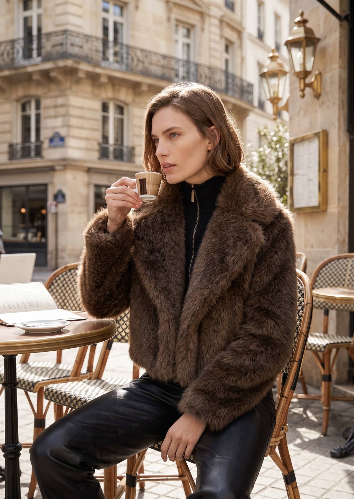 Lifestyle street style shot of a woman drinking espresso at an outdoor café wearing a cozy cropped espresso brown faux fur jacket.