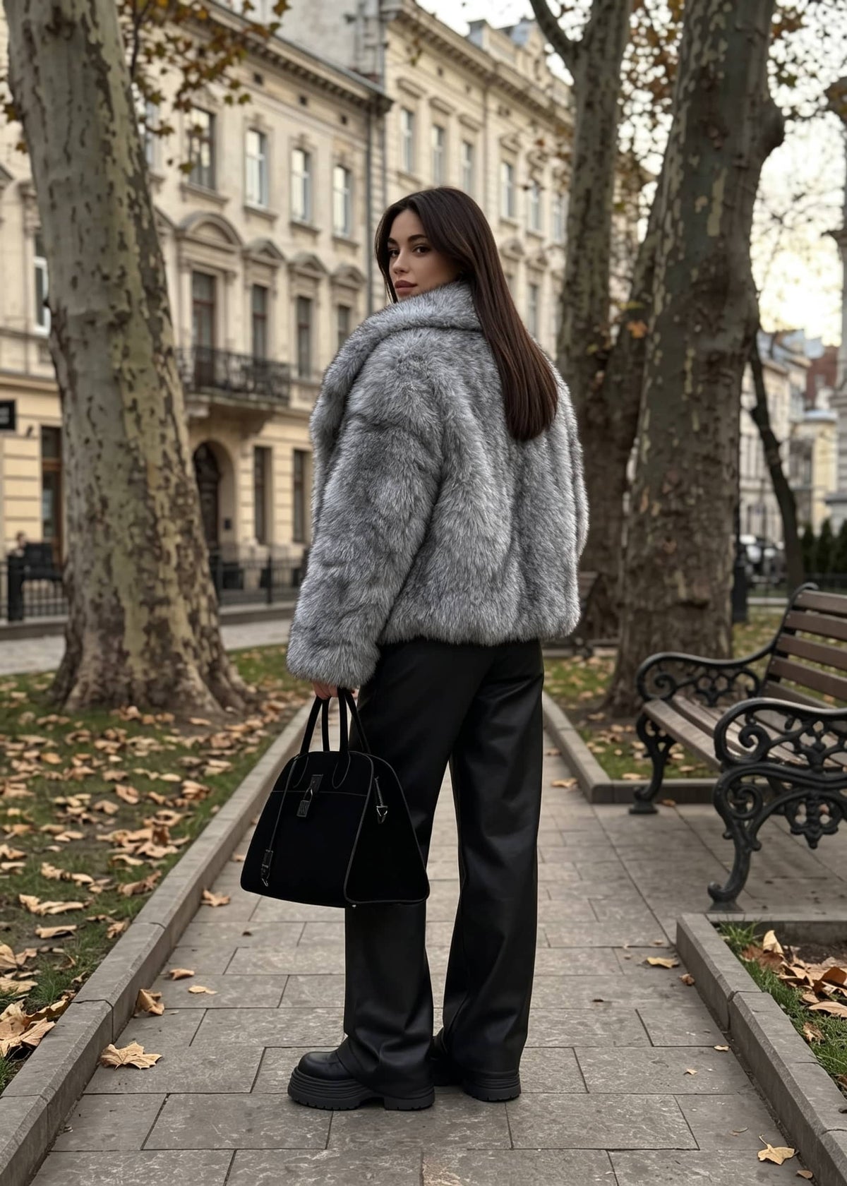 Back view of a woman carrying a black handbag and wearing a boxy gray faux fur short coat with wide faux leather trousers