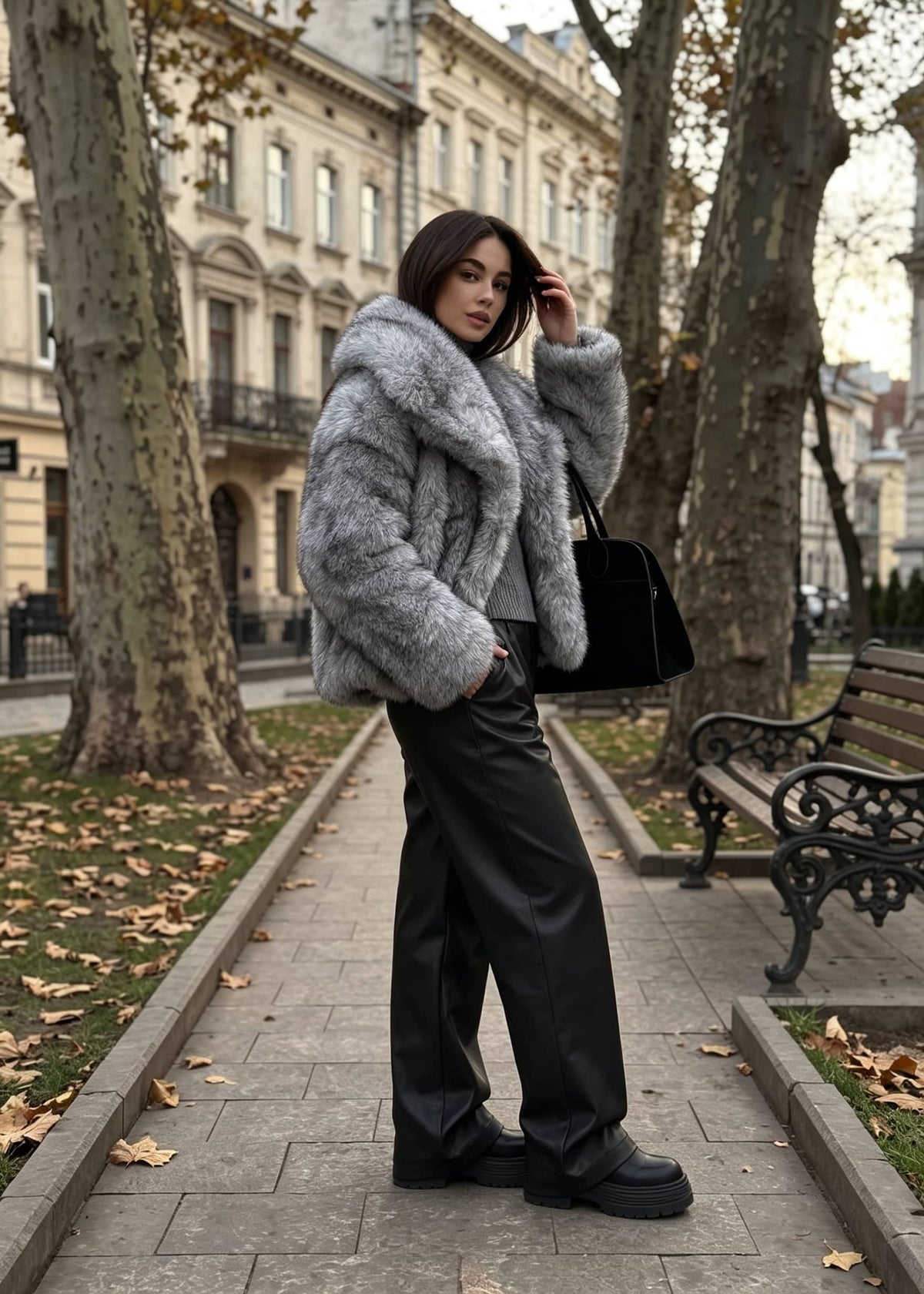 Full-length side view of a brunette woman posing on a park walkway wearing a boxy gray faux fur coat with an exaggerated spread collar and black wide-leg leather pants