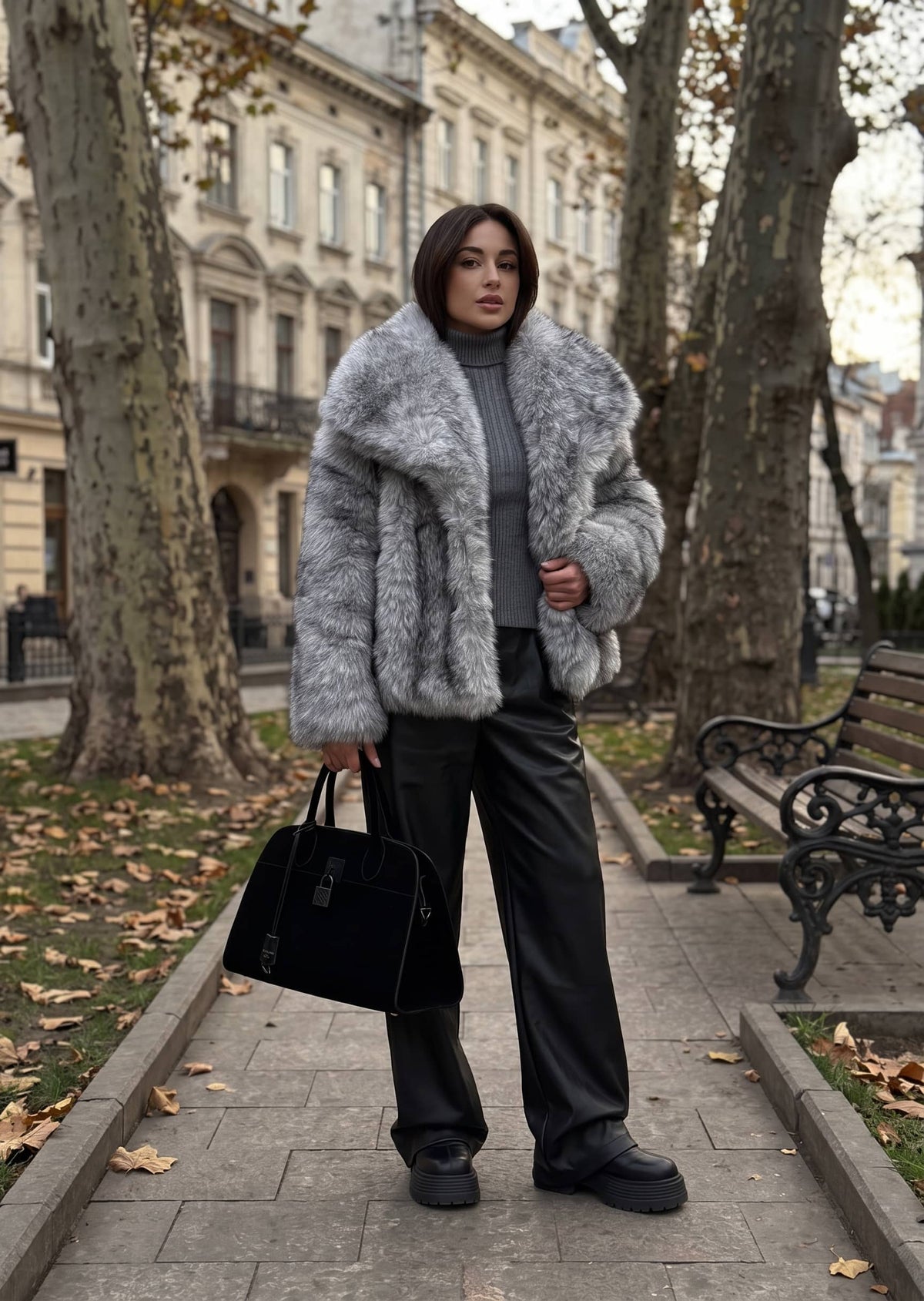 Full-length street style look featuring a woman in an oversized collar gray faux fur jacket, gray turtleneck, and black straight-leg trousers