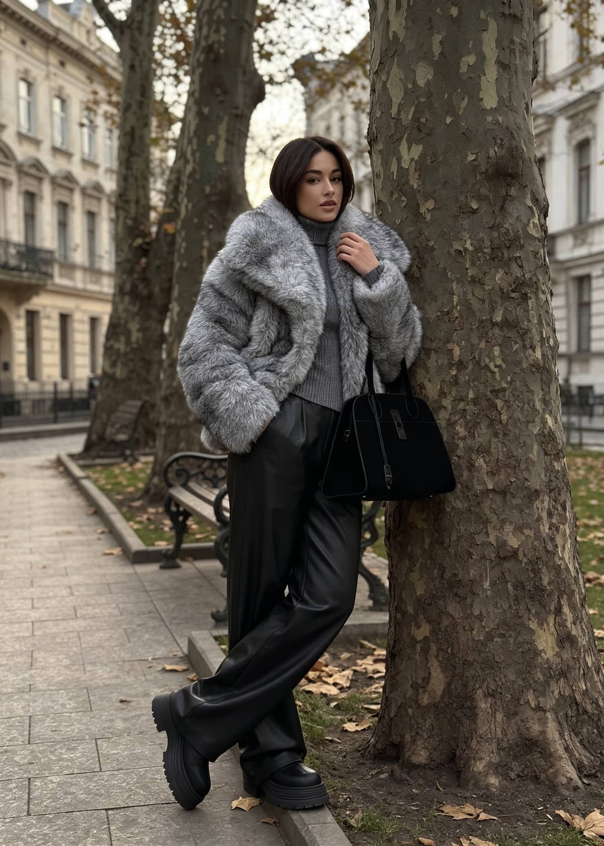 Full-length outdoor portrait of a woman leaning against a tree wearing a plush gray faux fur jacket with a dramatic spread collar