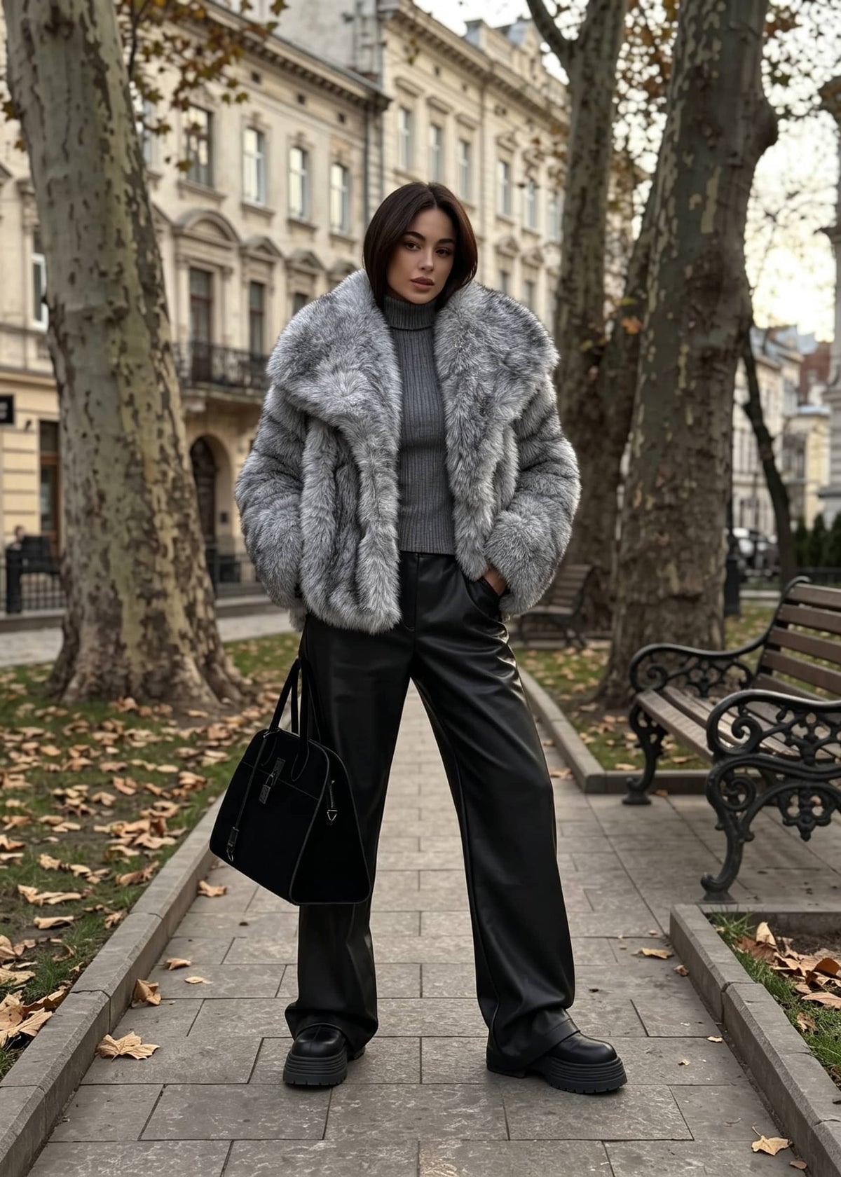 Front view of a chic woman posing on a city walkway in a textured gray faux fur boxy jacket and wide-leg leather pants