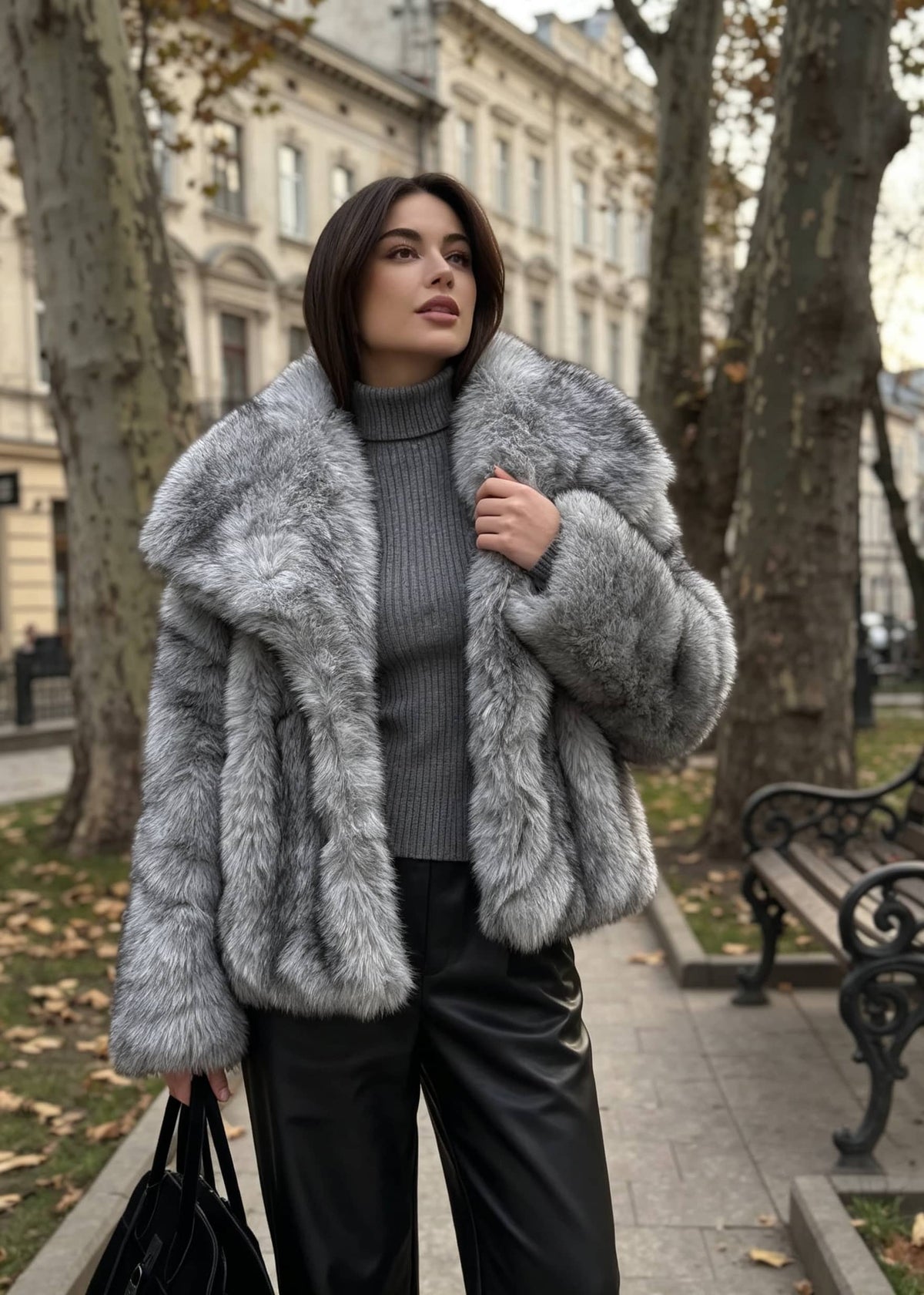 Three-quarter angle of a woman wearing an open fluffy silver-gray faux fur jacket over a ribbed turtleneck sweater