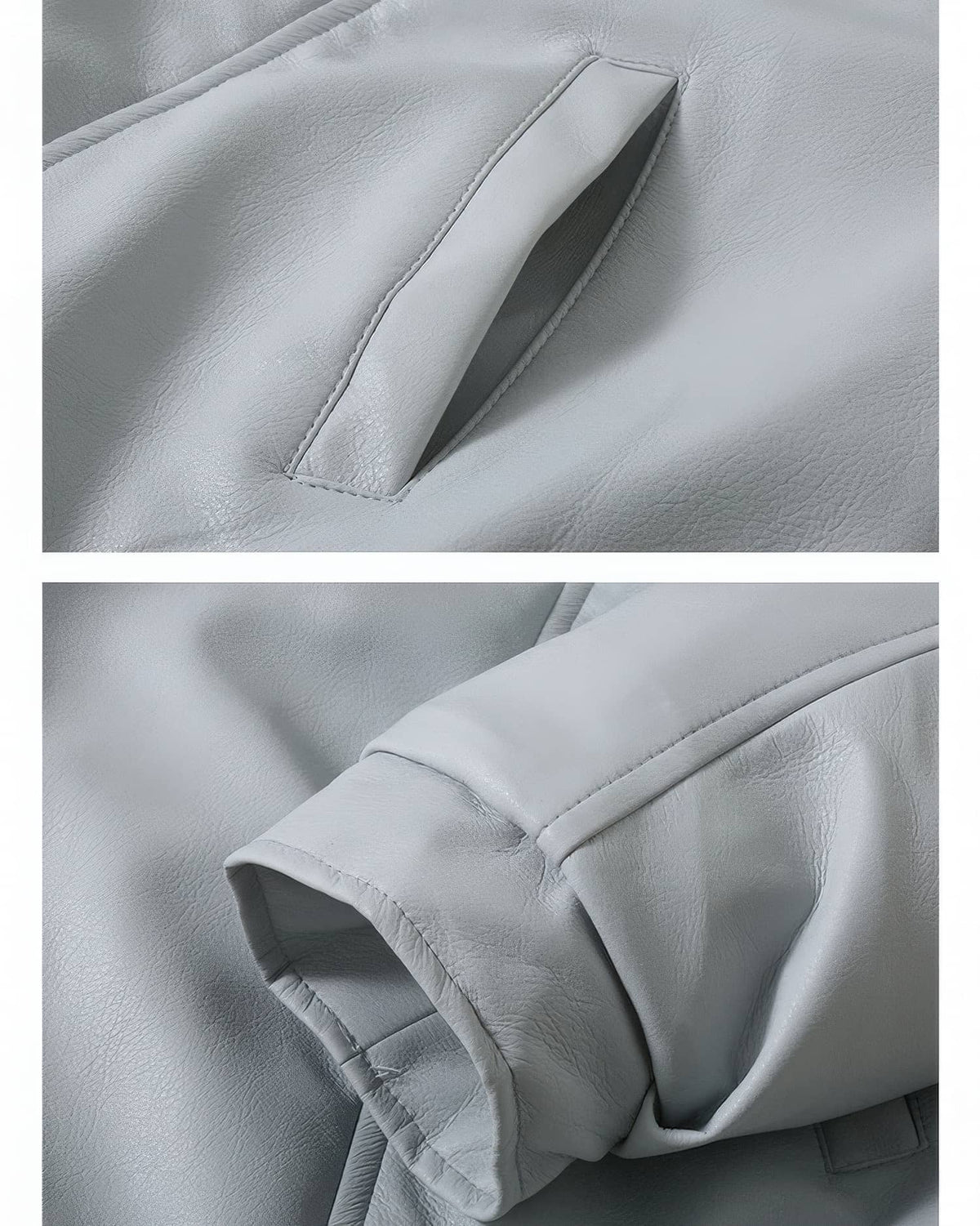 Close-up detail of side pocket stitching and smooth cuff on grey faux leather jacket.