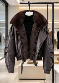 Dark brown faux leather biker jacket with matching dark brown faux fur lapel collar hanging in retail store.