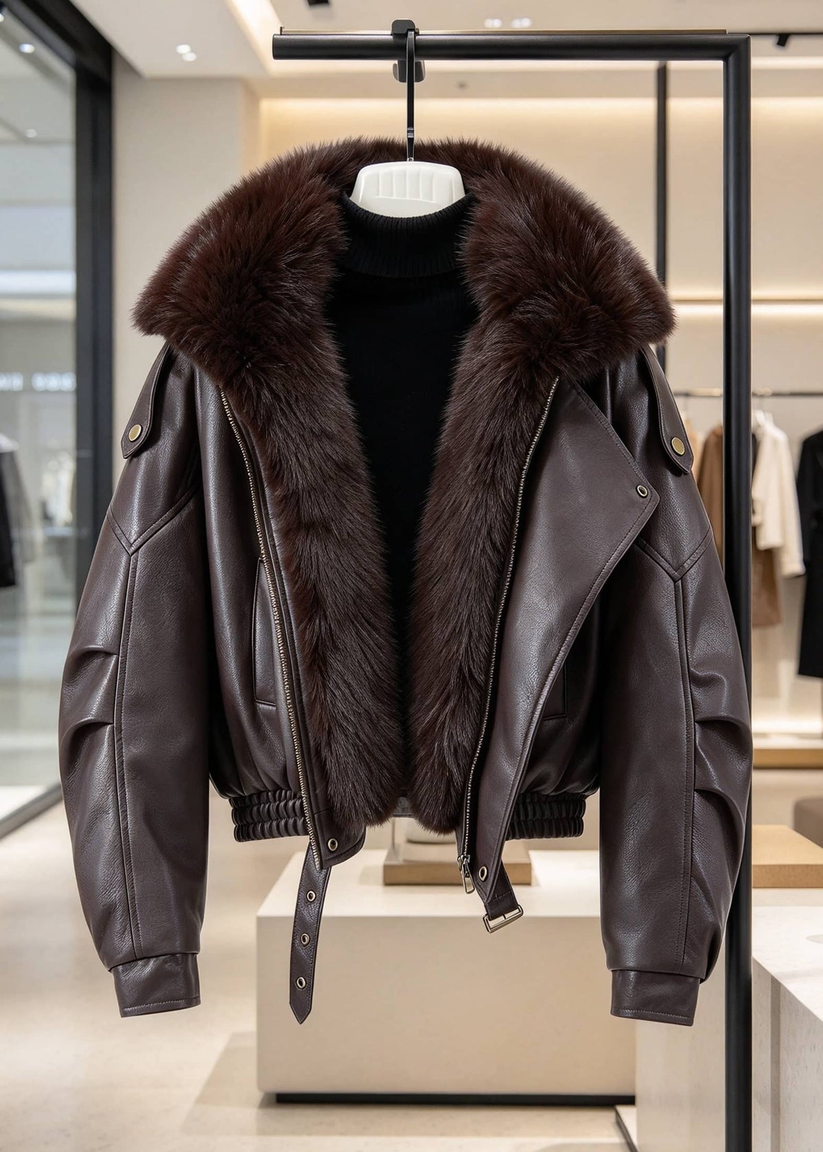 Dark brown faux leather biker jacket with matching dark brown faux fur lapel collar hanging in retail store.