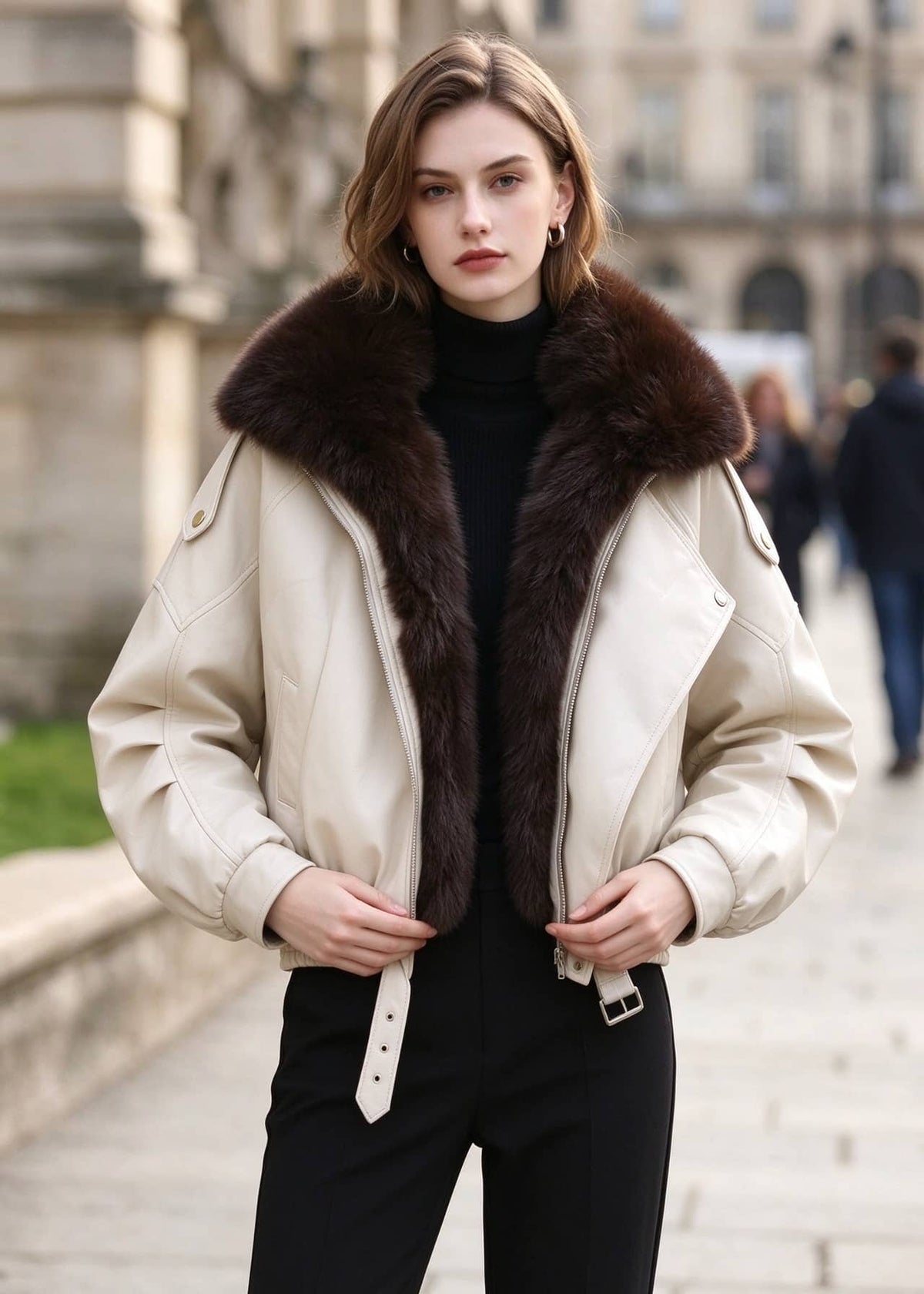 Front view of model wearing cream white faux leather jacket with dark brown faux fur lapels.   