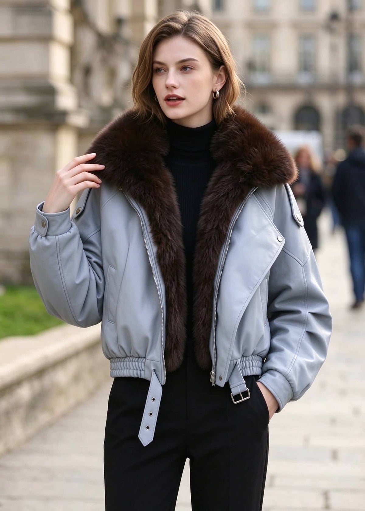 Model adjusting collar of light blue faux leather jacket with fluffy dark brown fur lining.   