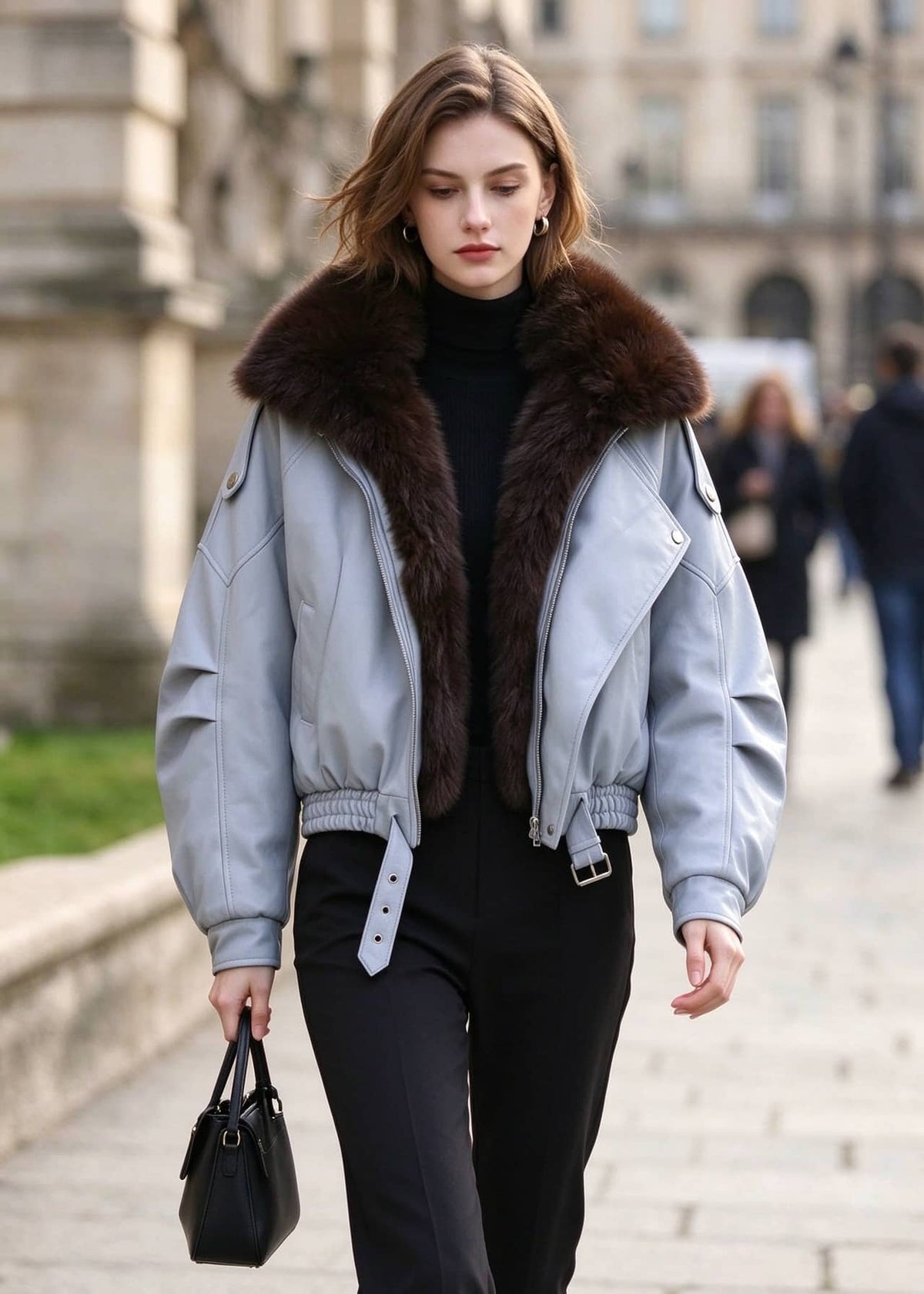 Full front view of model walking in light blue faux leather jacket with dark brown faux fur collar and black trousers.   