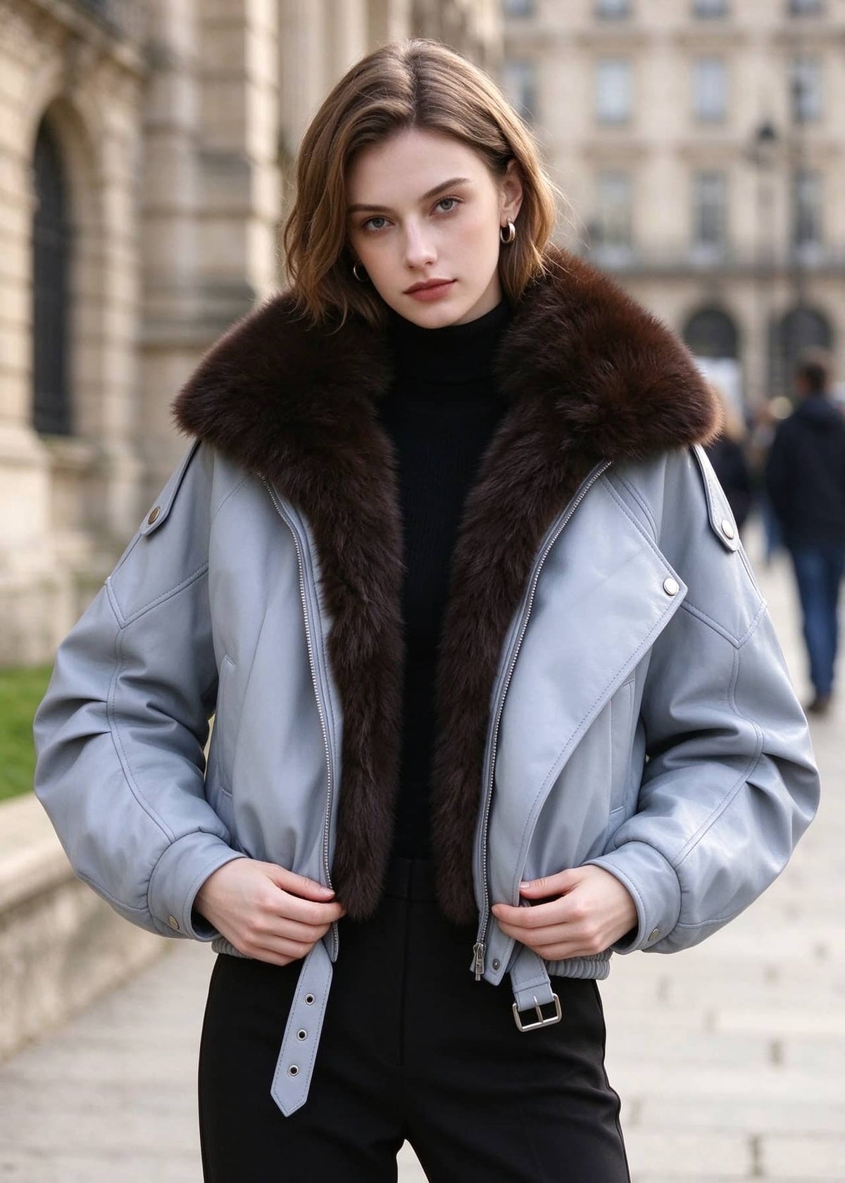 Medium shot of model holding open light blue faux leather jacket with rich brown faux fur lining collar.
