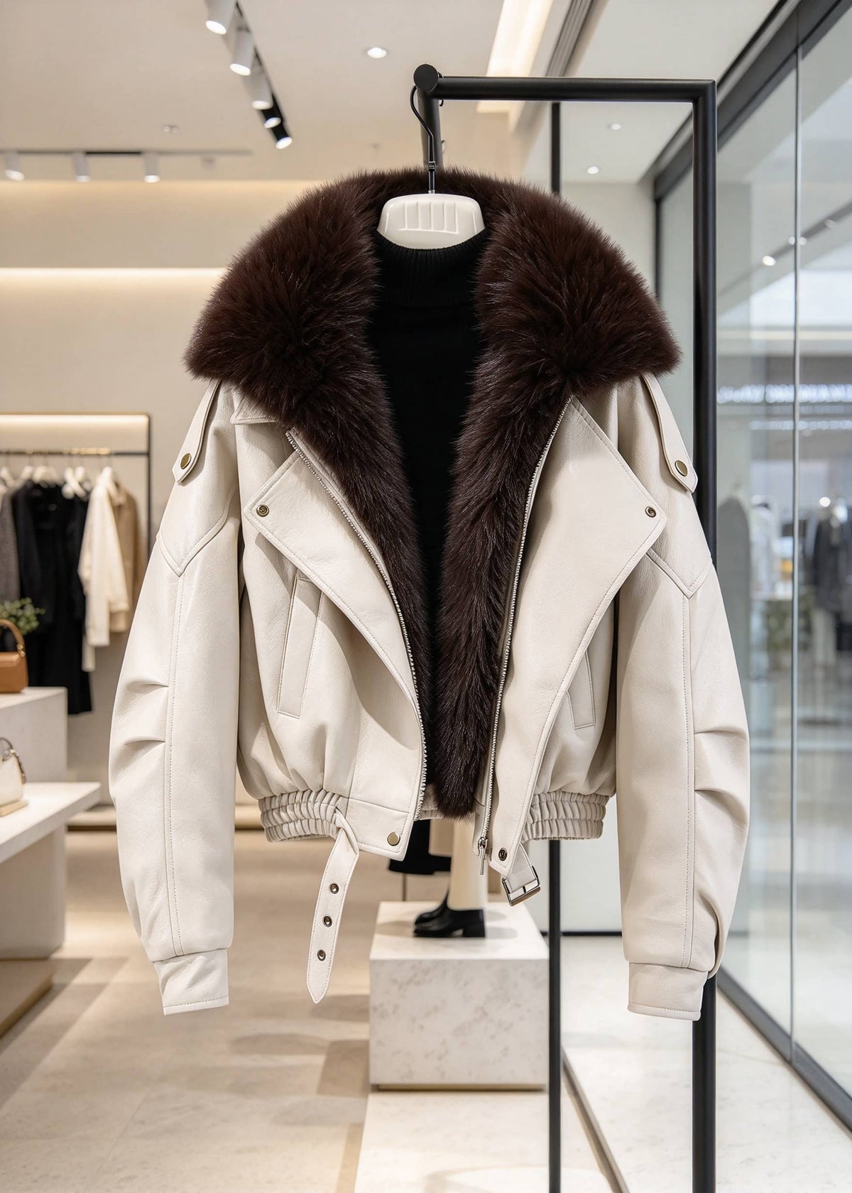 Cream faux leather jacket with plush dark brown faux fur trim collar and belted hem on display rack.
