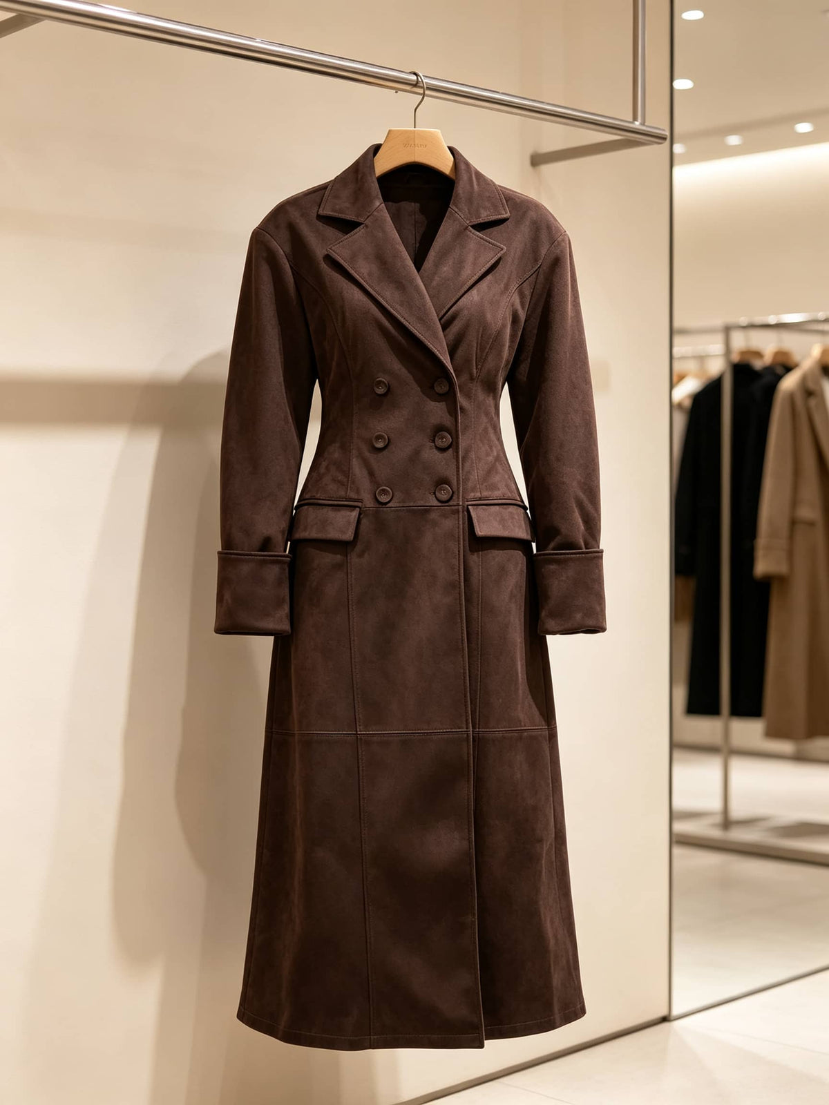 A dark brown double-breasted long coat hanging on a wooden hanger on a clothing rack inside a boutique.