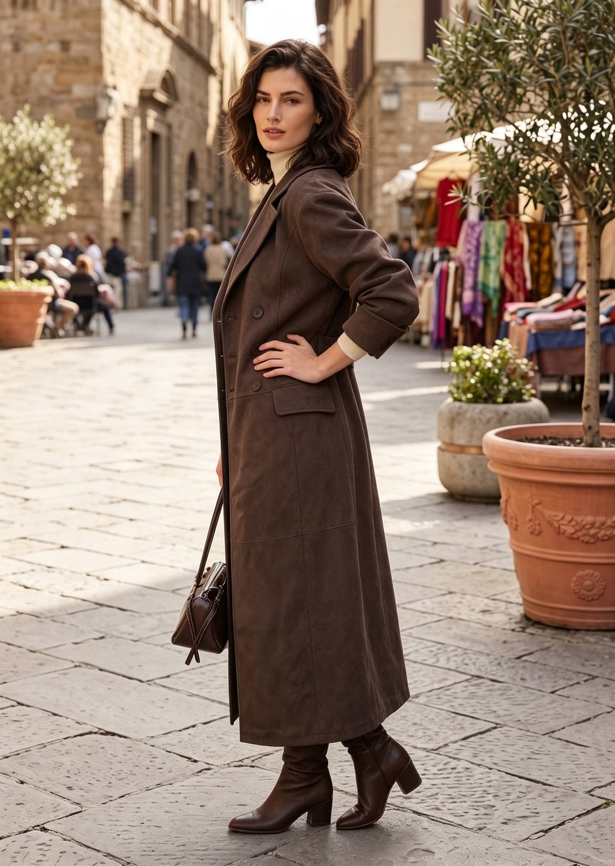 A woman stands on a cobblestone street wearing a long brown coat over a cream turtleneck, paired with brown ankle boots and carrying a small brown handbag. The background shows a blurred outdoor market scene with stone buildings and potted plants.