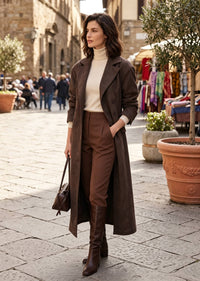 A woman walking on a cobblestone street wearing a long brown coat, cream turtleneck, brown trousers, and brown knee-high boots, with a brown handbag in a city market setting.