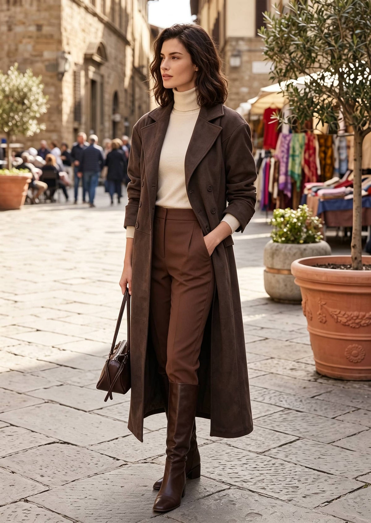 A woman walking on a cobblestone street wearing a long brown coat, cream turtleneck, brown trousers, and brown knee-high boots, with a brown handbag in a city market setting.