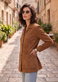 A woman wearing a brown suede jacket and light blue jeans stands on a cobblestone street in a European town, wearing round sunglasses.