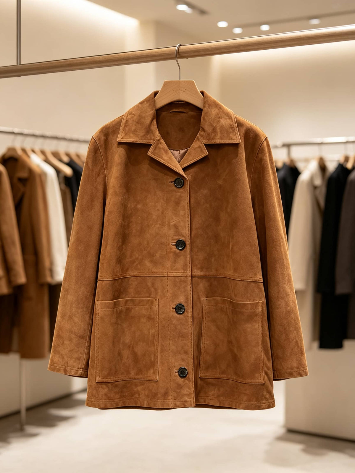 A tan suede jacket hanging on a wooden hanger in a boutique clothing store. The jacket features a collar, three dark buttons, and two large front patch pockets.