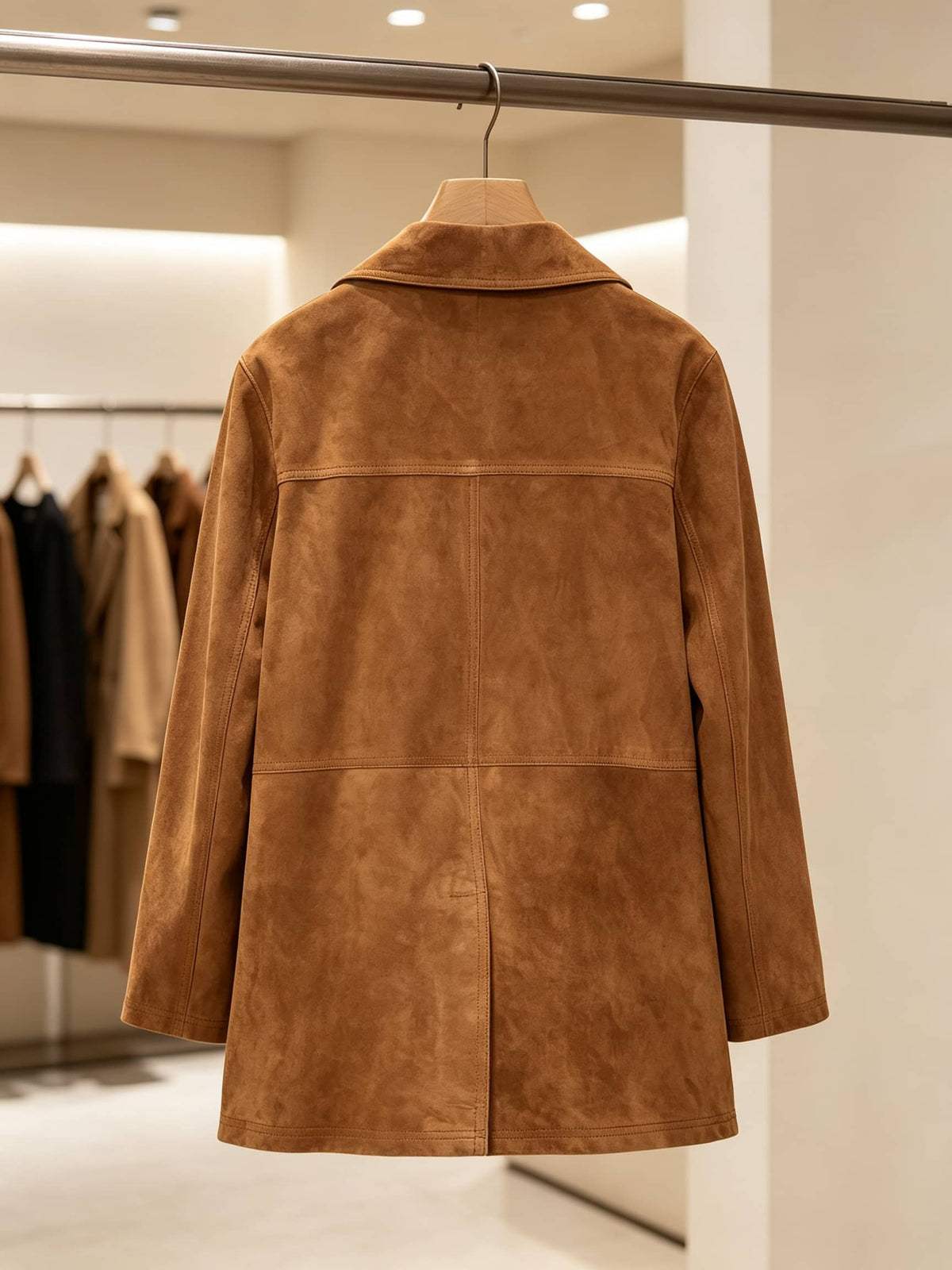 A tan-brown suede jacket hanging on a wooden hanger from a metal clothing rack inside a boutique.