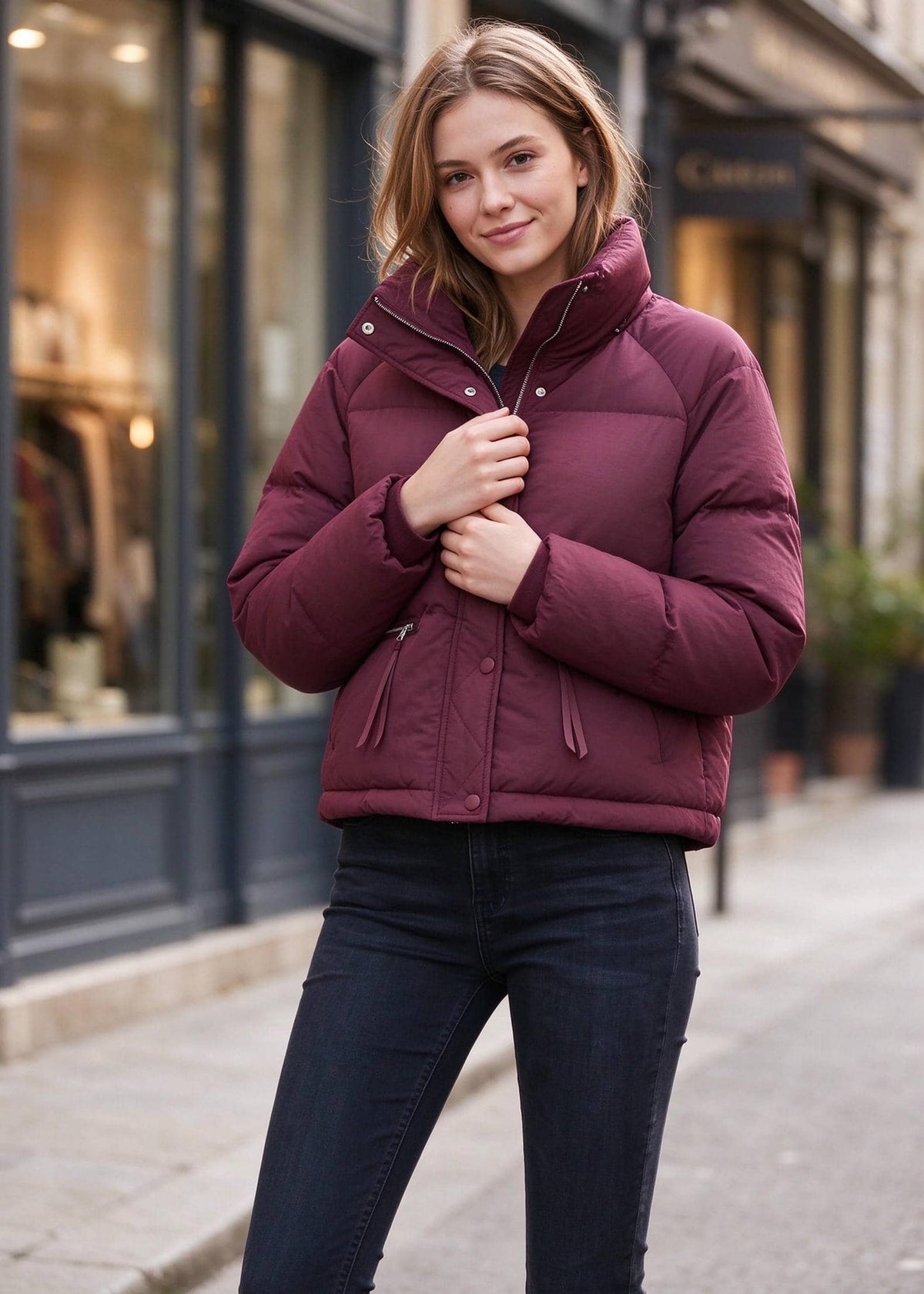A woman wearing a cropped, quilted puffer jacket in a deep burgundy/maroon color, paired with dark blue jeans, standing on a city street.