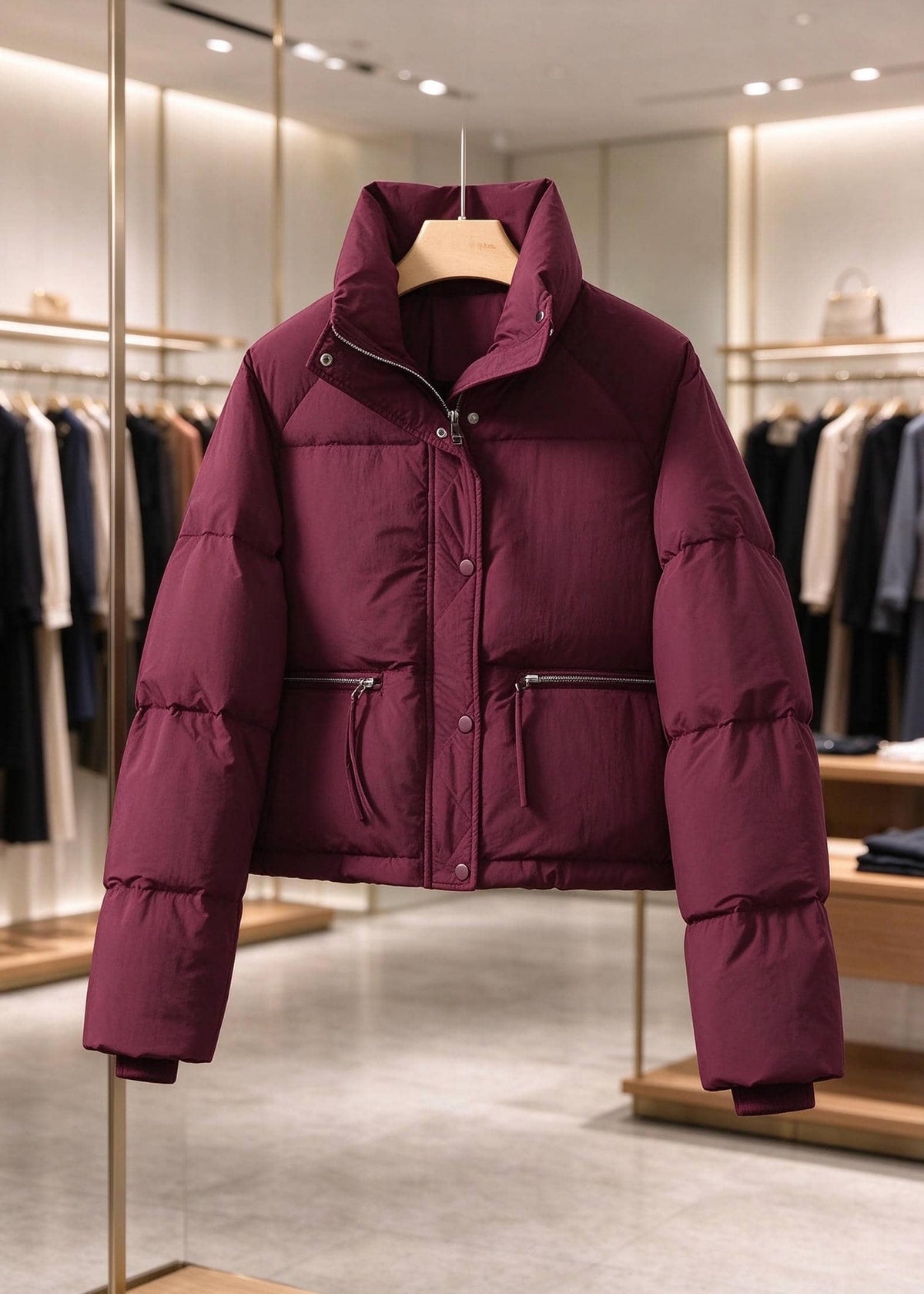 A plum-colored puffer jacket hanging on a wooden hanger inside a modern clothing boutique.