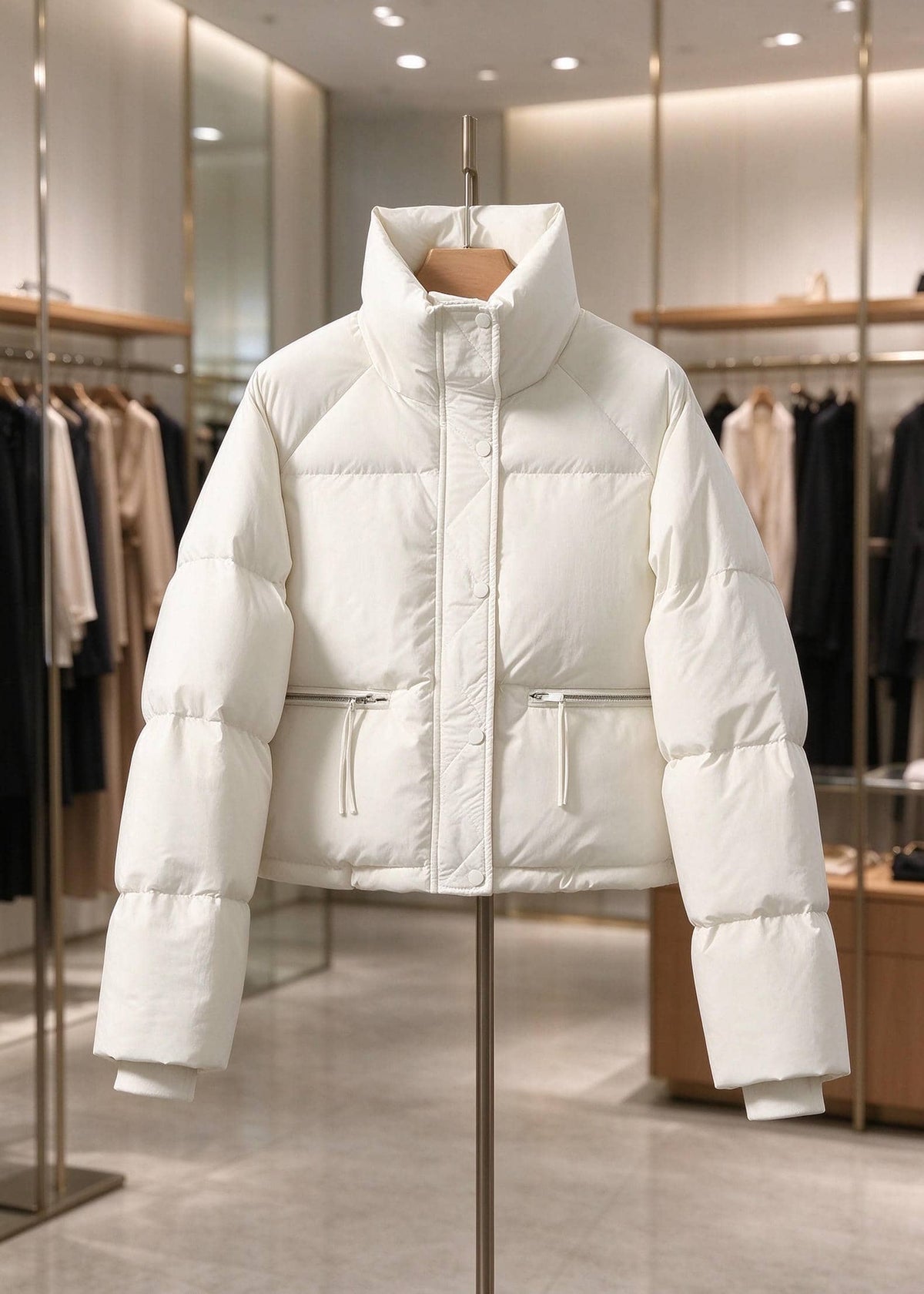 A white puffer jacket with a high stand-up collar and front snap closure, displayed on a hanger on a dress form stand inside a modern clothing boutique.