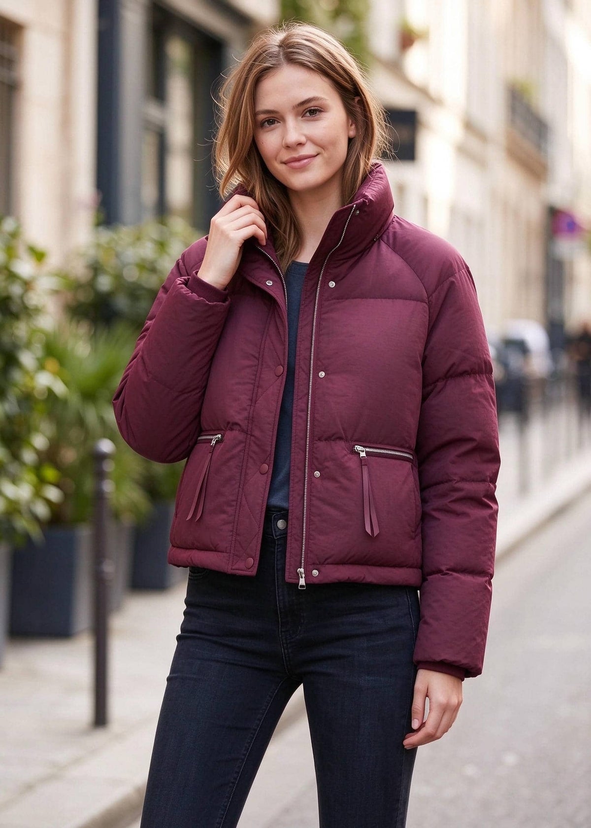 A woman wearing a cropped, quilted puffer jacket in a deep burgundy/maroon color, standing on a blurred city street.