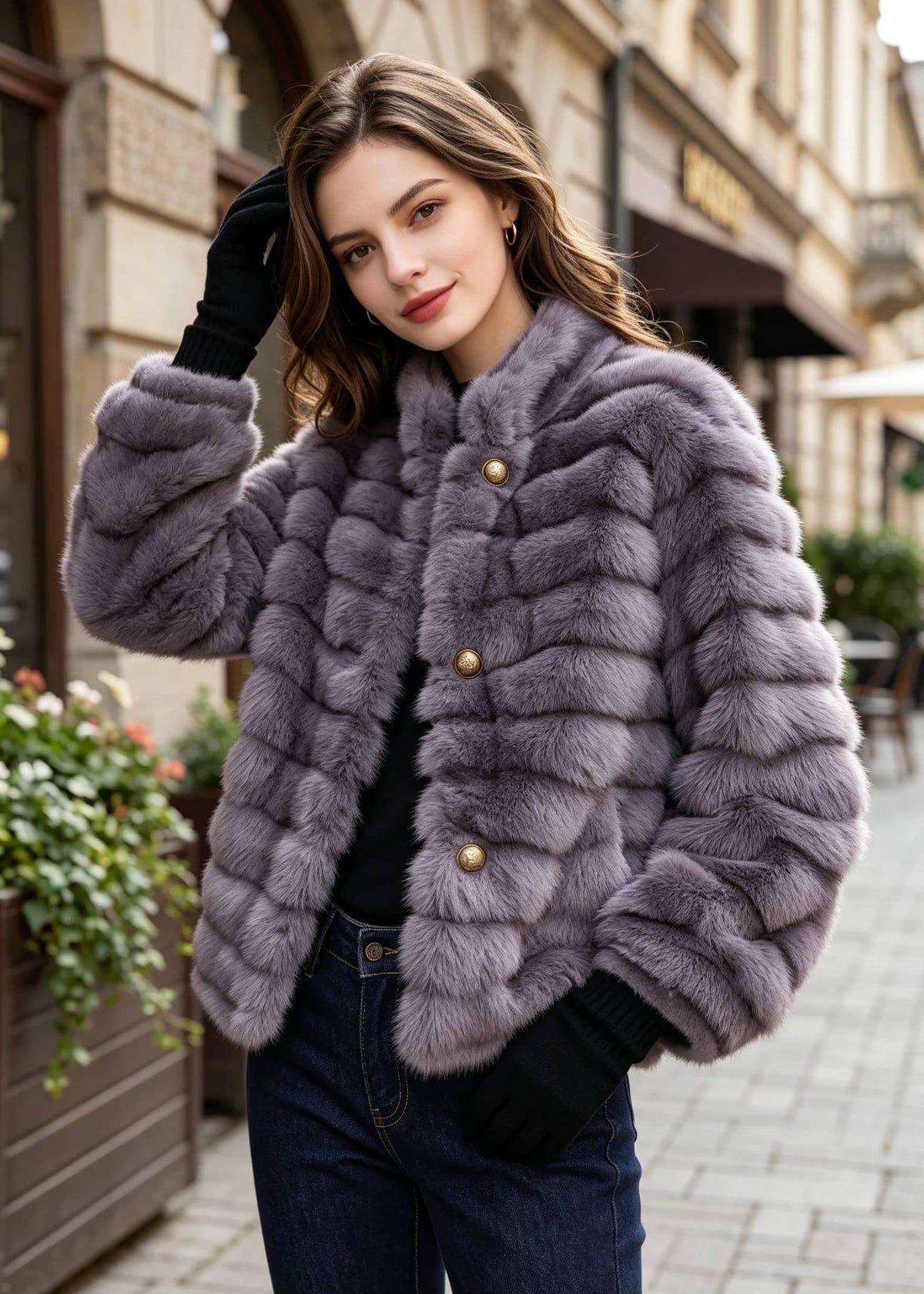 Front three-quarter view of a woman wearing a dusty purple horizontal grooved stand collar faux fur cropped jacket outdoors