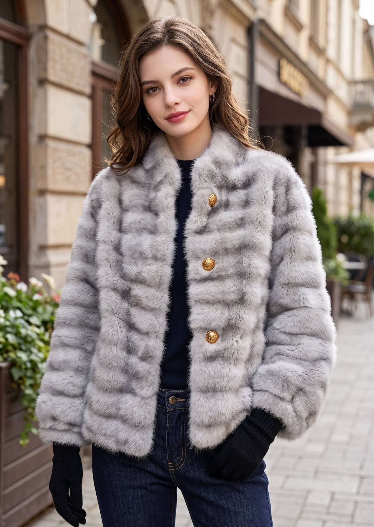 Front view of a woman wearing a silver grey horizontal ribbed faux fur crop jacket with stand collar and gold buttons