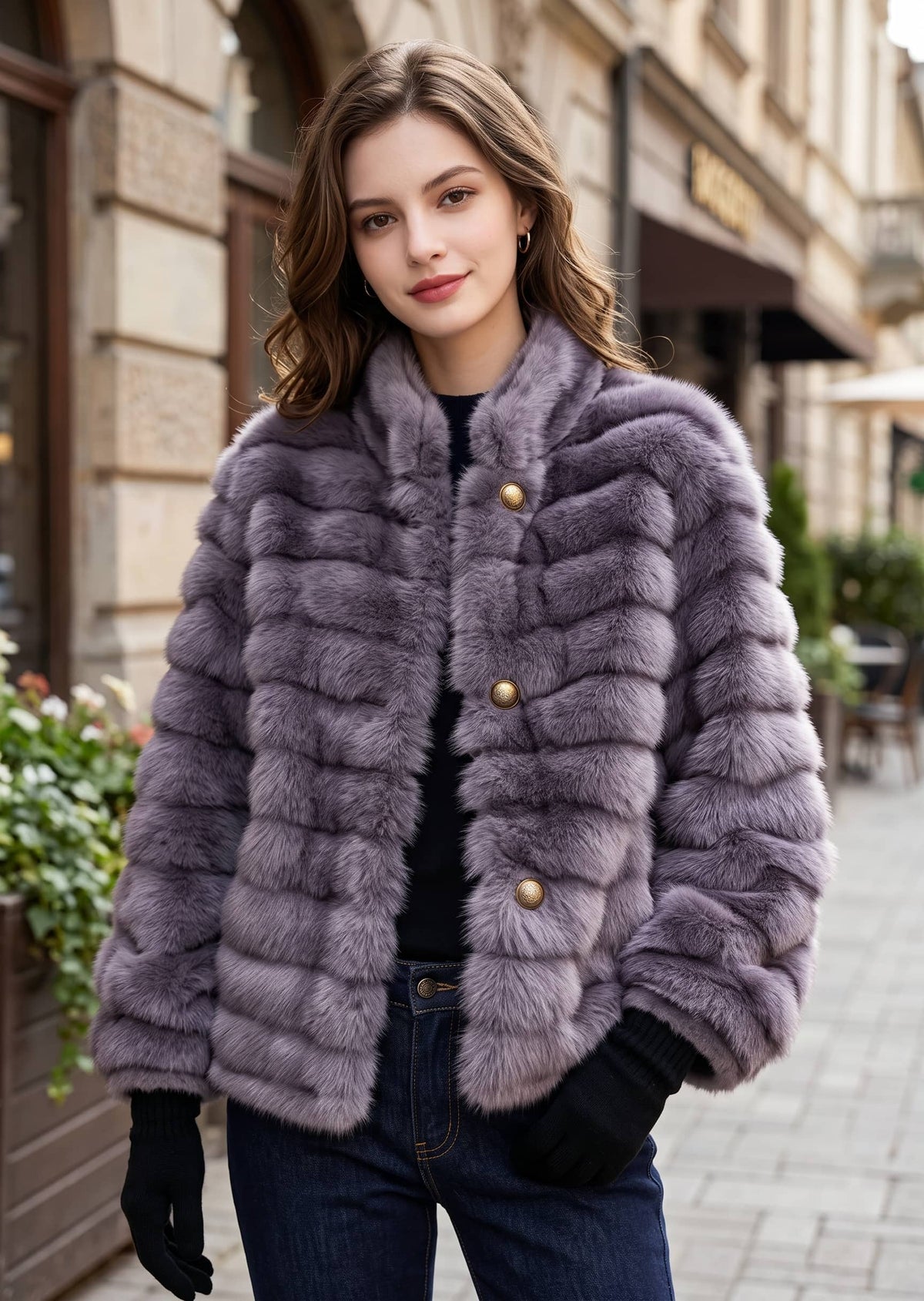 Full front shot of a woman in a purple horizontal striped faux fur cropped coat with stand-up collar