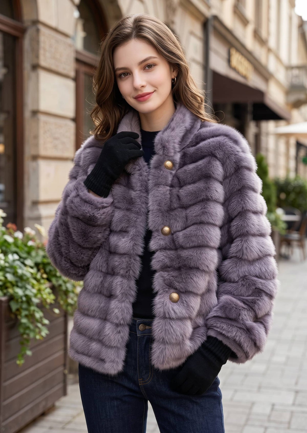 Half-length street style shot of a woman wearing a mauve horizontal grooved faux fur jacket with black gloves