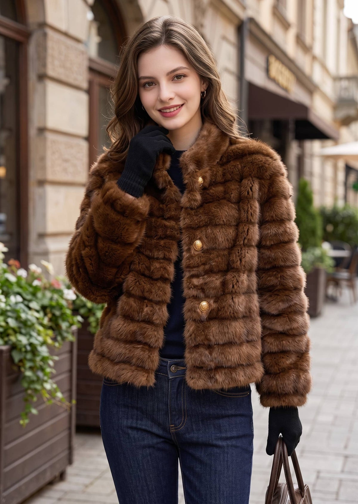 Street fashion shot of a woman in a rich brown horizontal grooved faux fur crop jacket carrying a matching handbag
