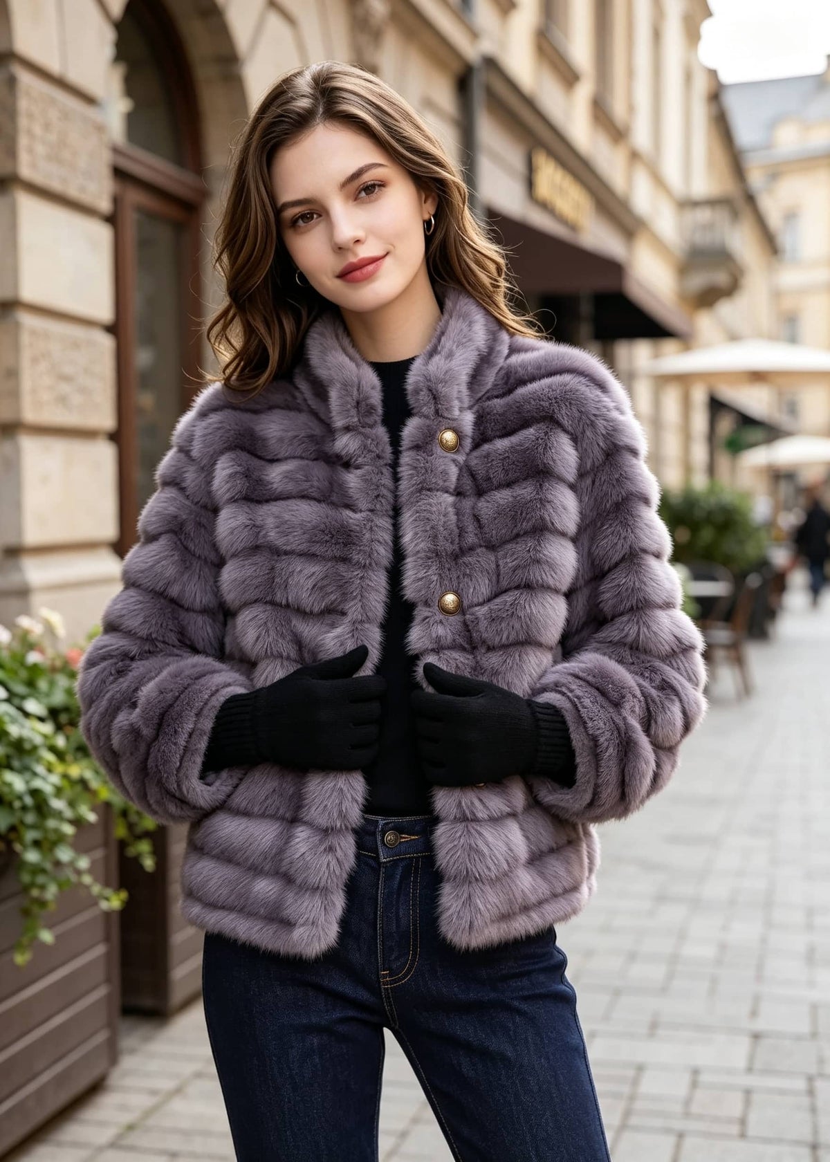 Front close-up view of a women's lavender purple stand collar faux fur crop jacket featuring horizontal grooves and embossed buttons