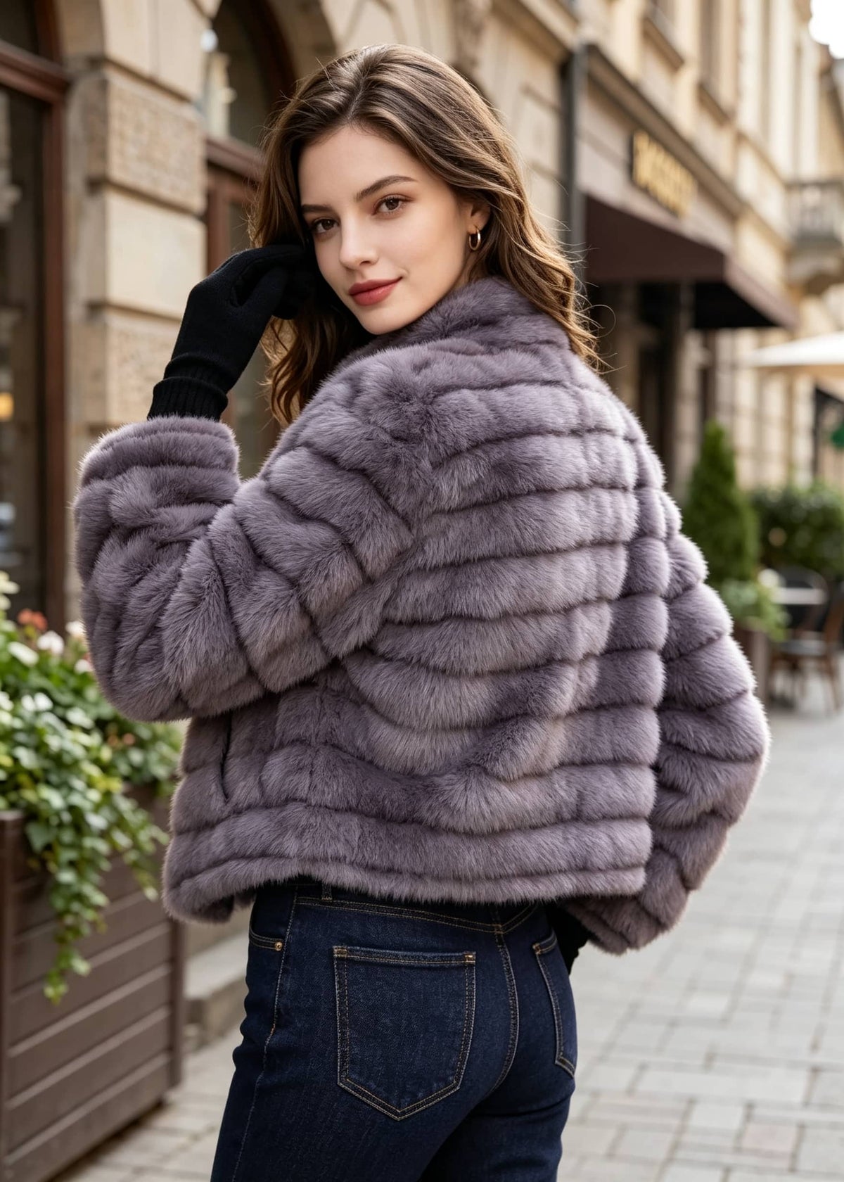 Back and shoulder view of a woman wearing a purple horizontal grooved cropped faux fur jacket paired with blue jeans