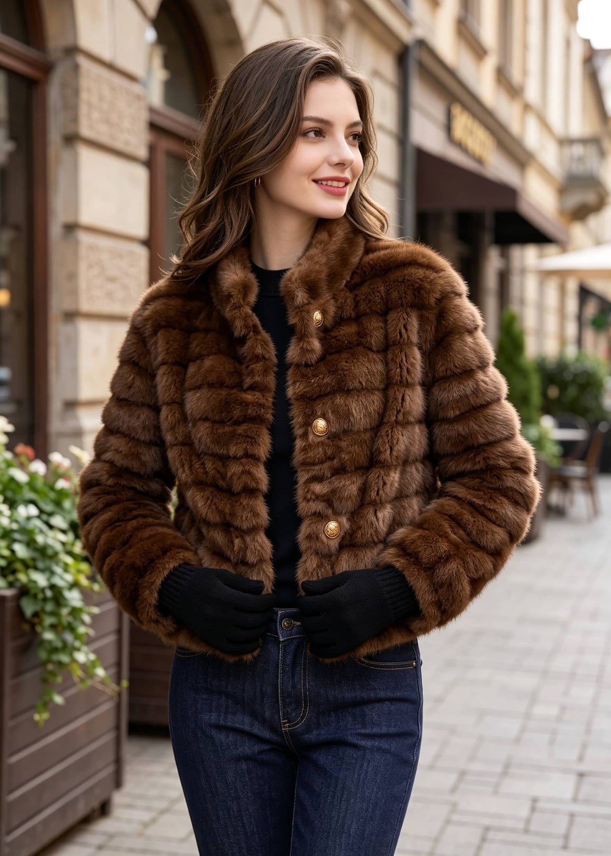 Standing front view of a woman styled in a warm brown horizontal quilted faux fur cropped winter jacket