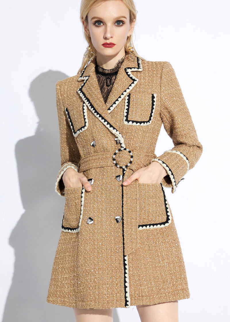 Women's Khaki Long Double Breasted Tweed Coat