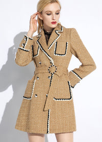 Women's Khaki Long Double Breasted Tweed Coat