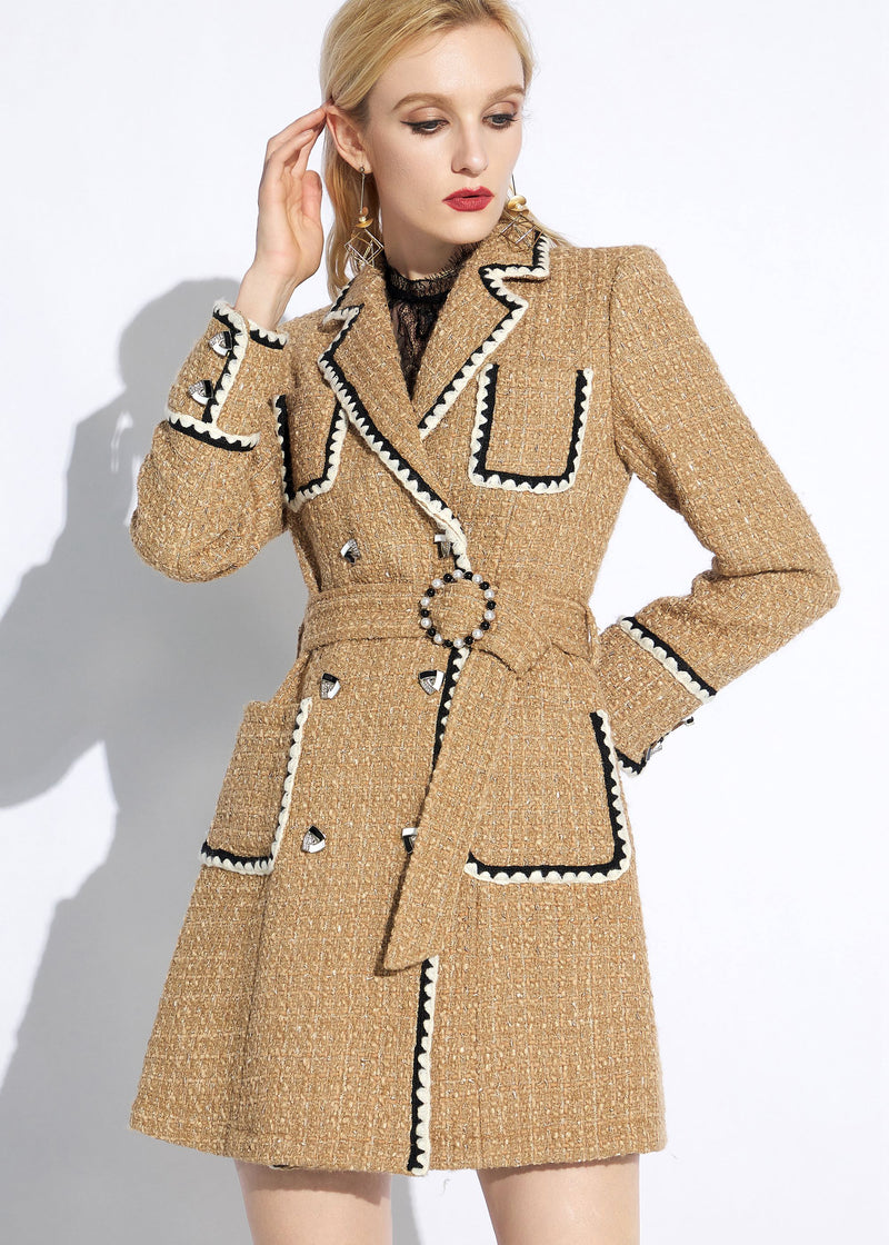 Women's Khaki Long Double Breasted Tweed Coat