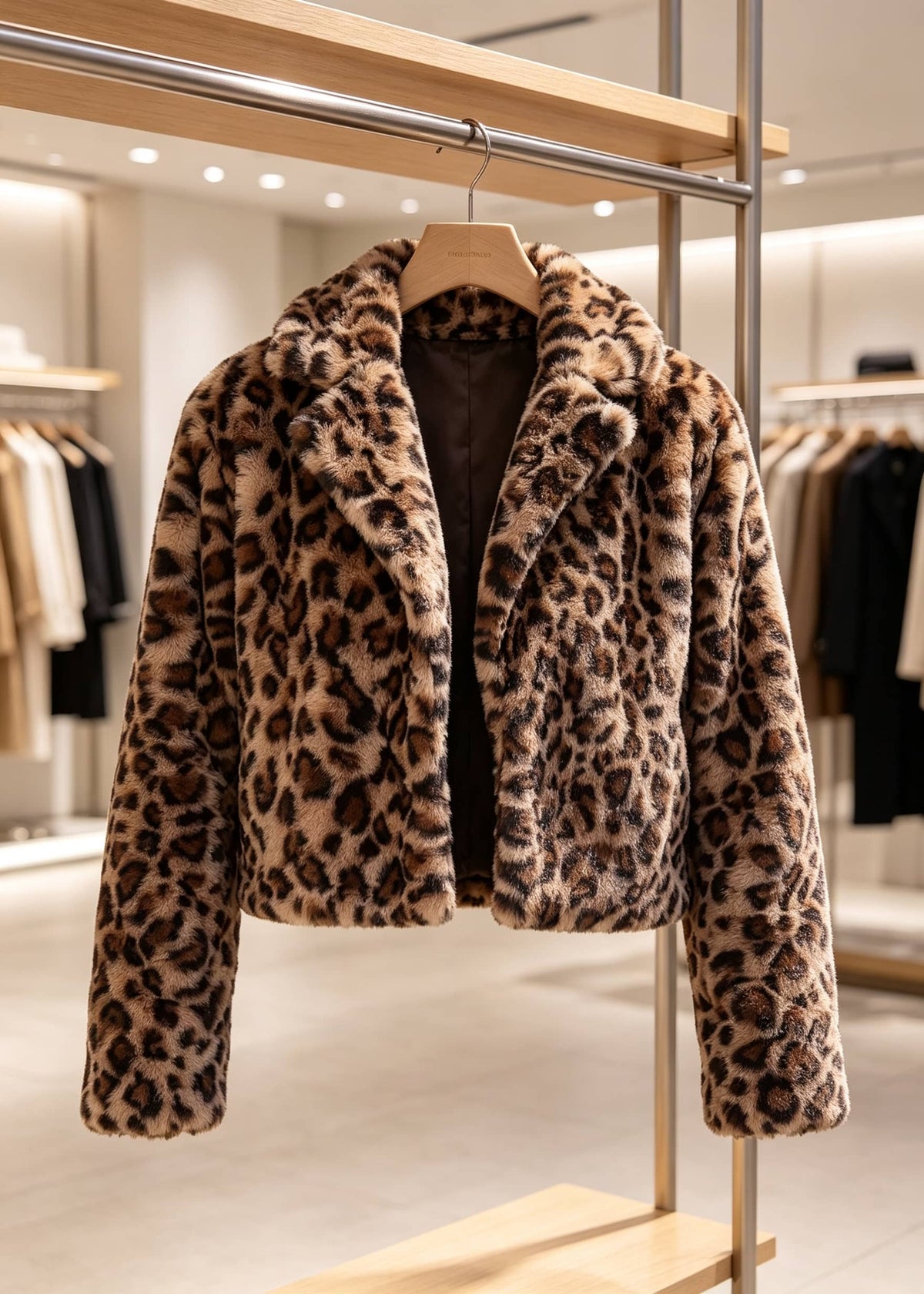 A cropped faux fur jacket with a brown and beige leopard print pattern, hanging on a wooden hanger on a clothing display stand inside a boutique.