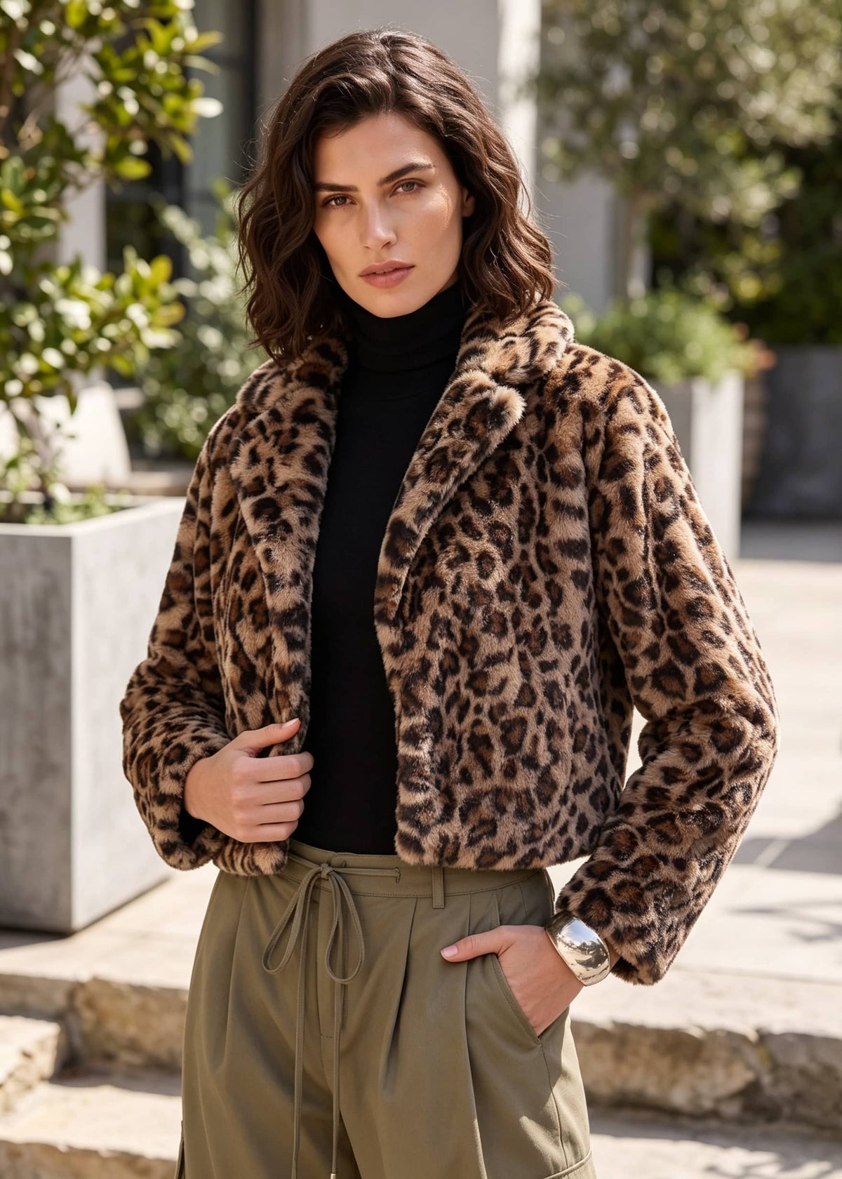 A woman wearing a brown and black leopard-print faux fur jacket over a black turtleneck and olive green drawstring pants, standing outdoors.