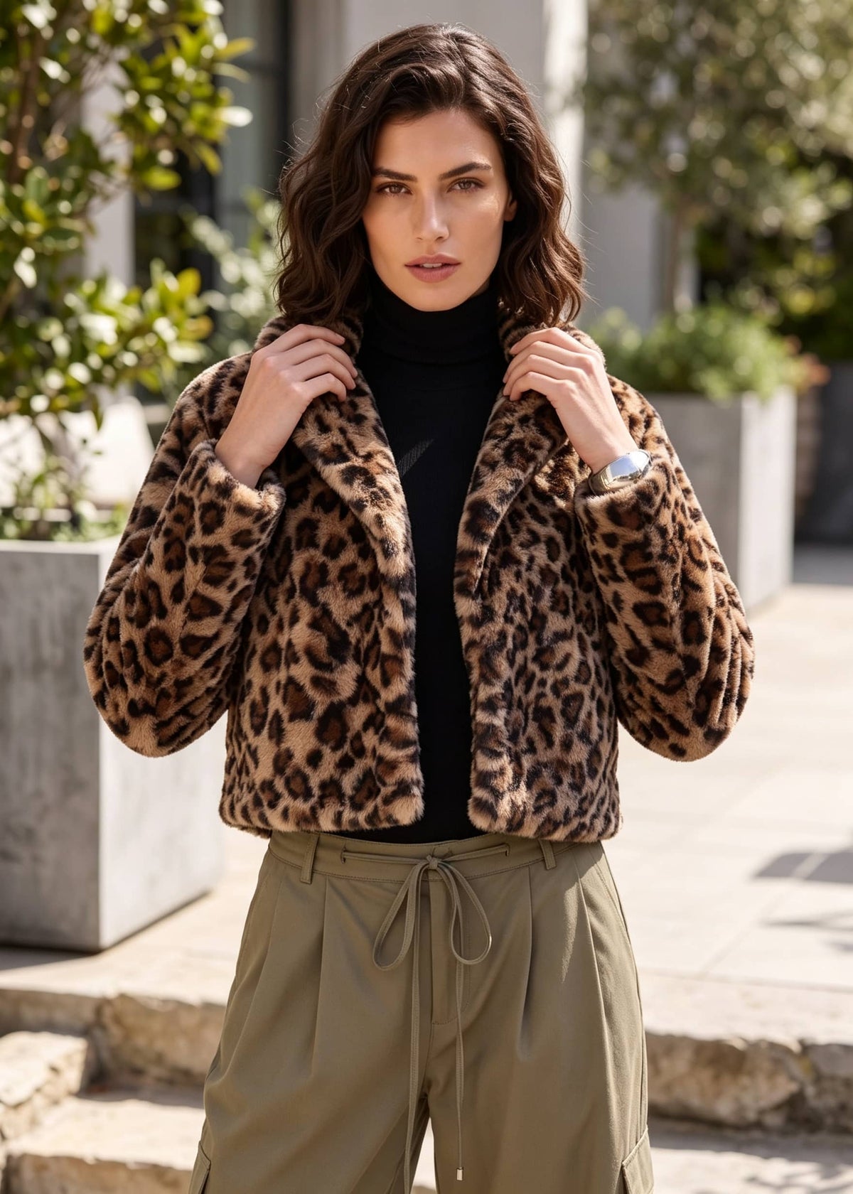 A woman wearing a cropped leopard-print faux fur jacket over a black turtleneck and olive green drawstring pants, standing outdoors in front of a modern building.