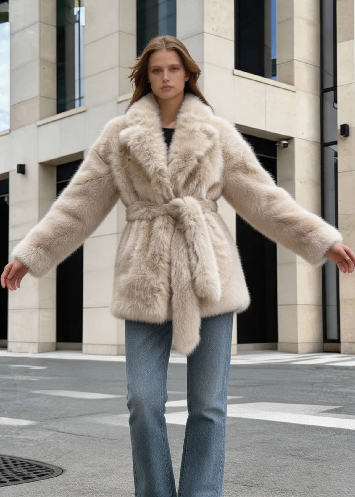 Full-length front shot of a woman with open arms demonstrating the fit of a beige belted faux fur jacket.