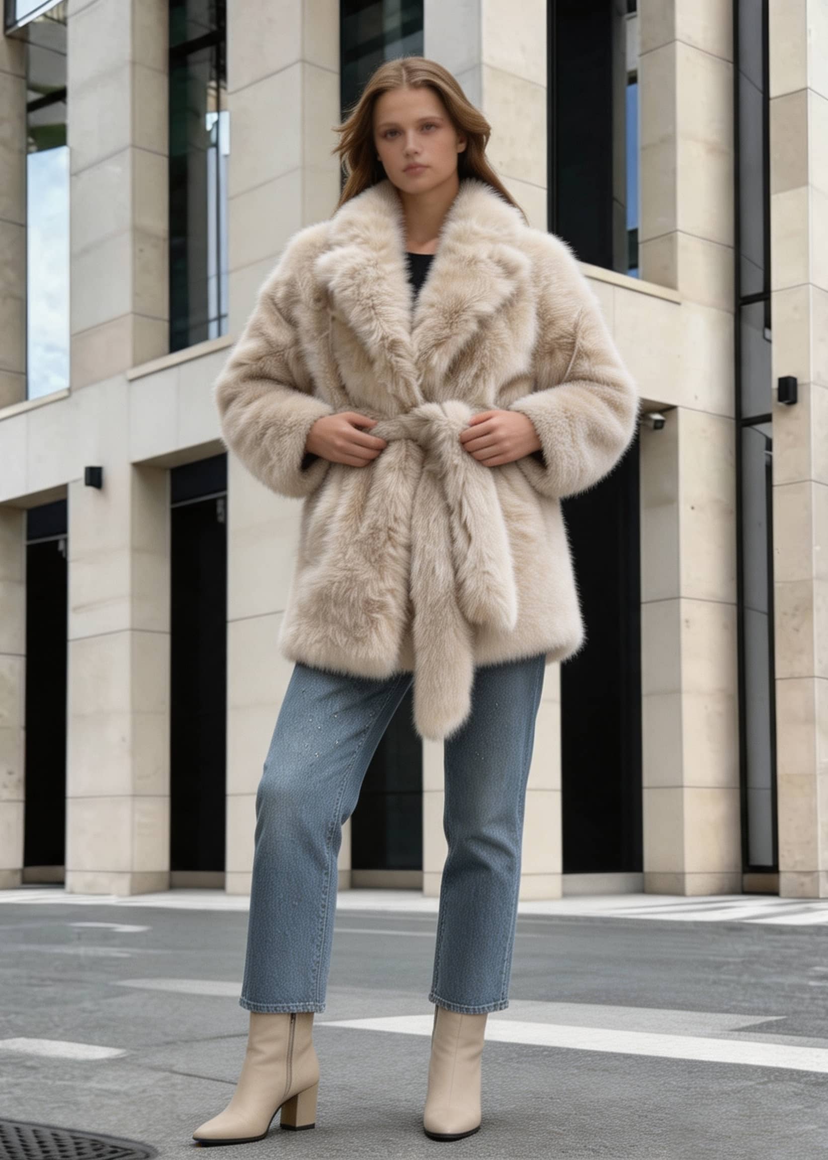 Full-body shot of a woman adjusting the waist belt of a beige faux fur wrap coat with wide lapels.