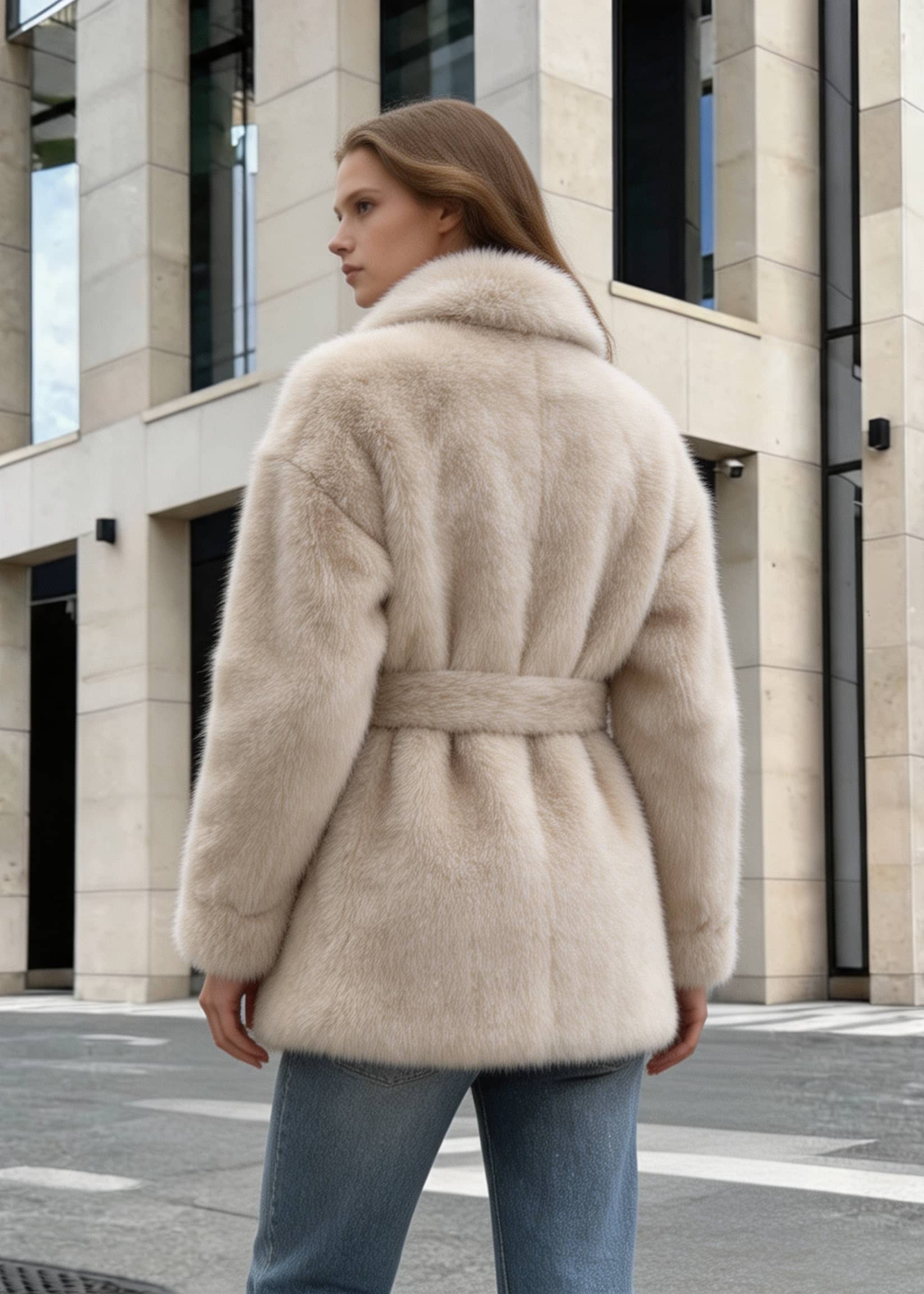 Back view showing the belted waist, plush texture, and fit of a beige women's faux fox fur coat.
