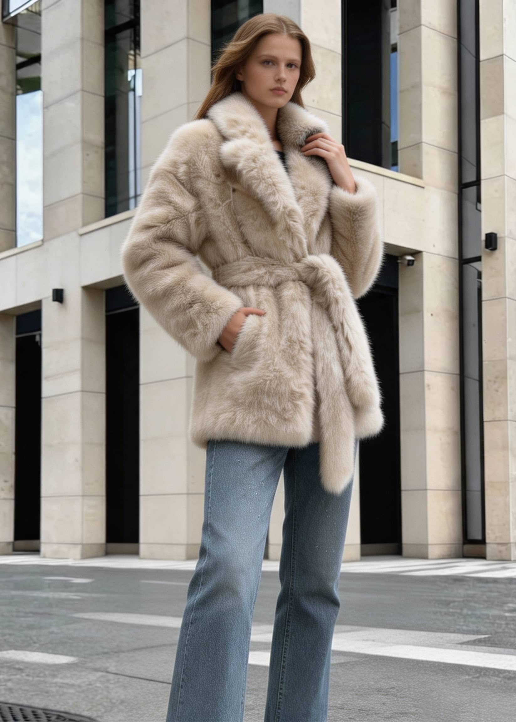 Three-quarter angle pose of a woman wearing a lapel collar cream faux fur coat with hands in pockets.