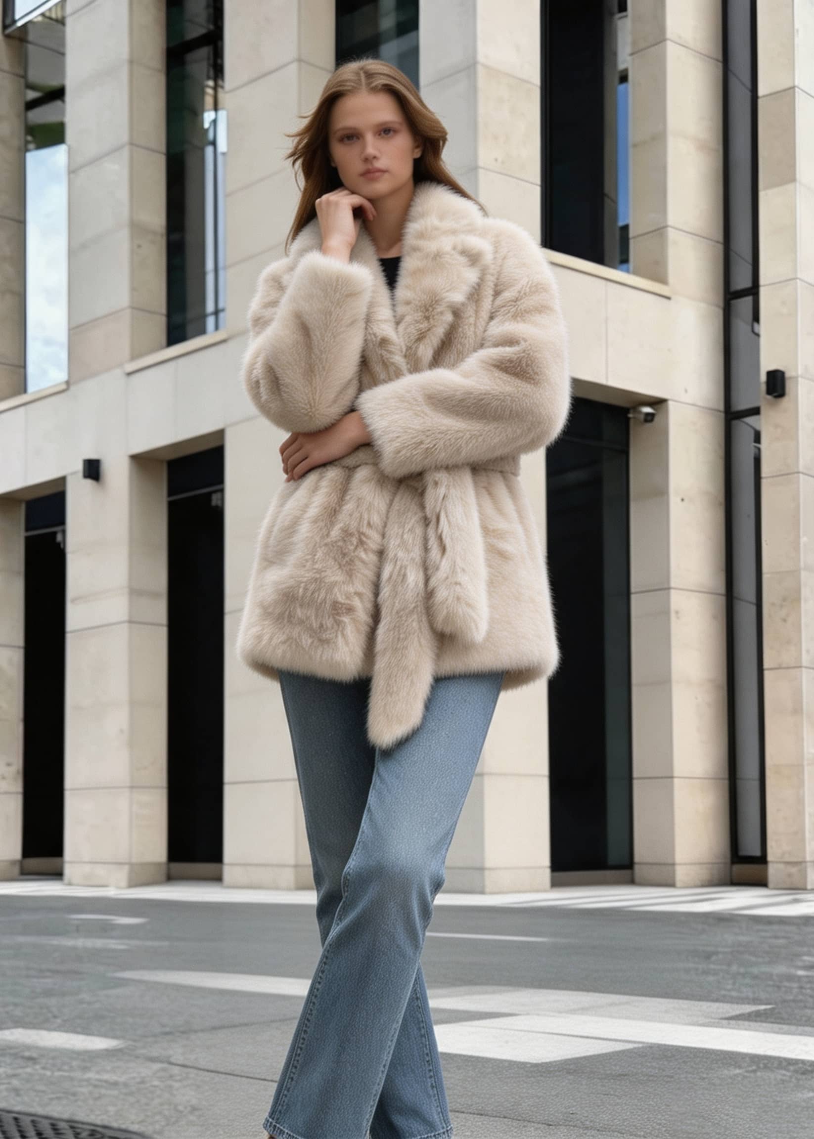 Model posing with crossed legs and hand near chin in a chic cream faux fur wrap outerwear.