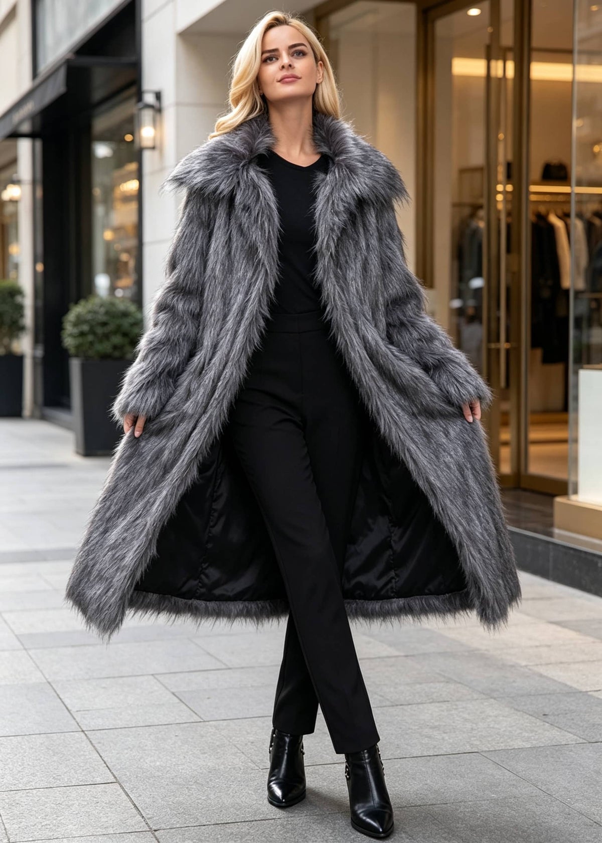 Full-length front view of a model presenting a charcoal grey longline shaggy faux fur coat worn open over an all-black tailored outfit.