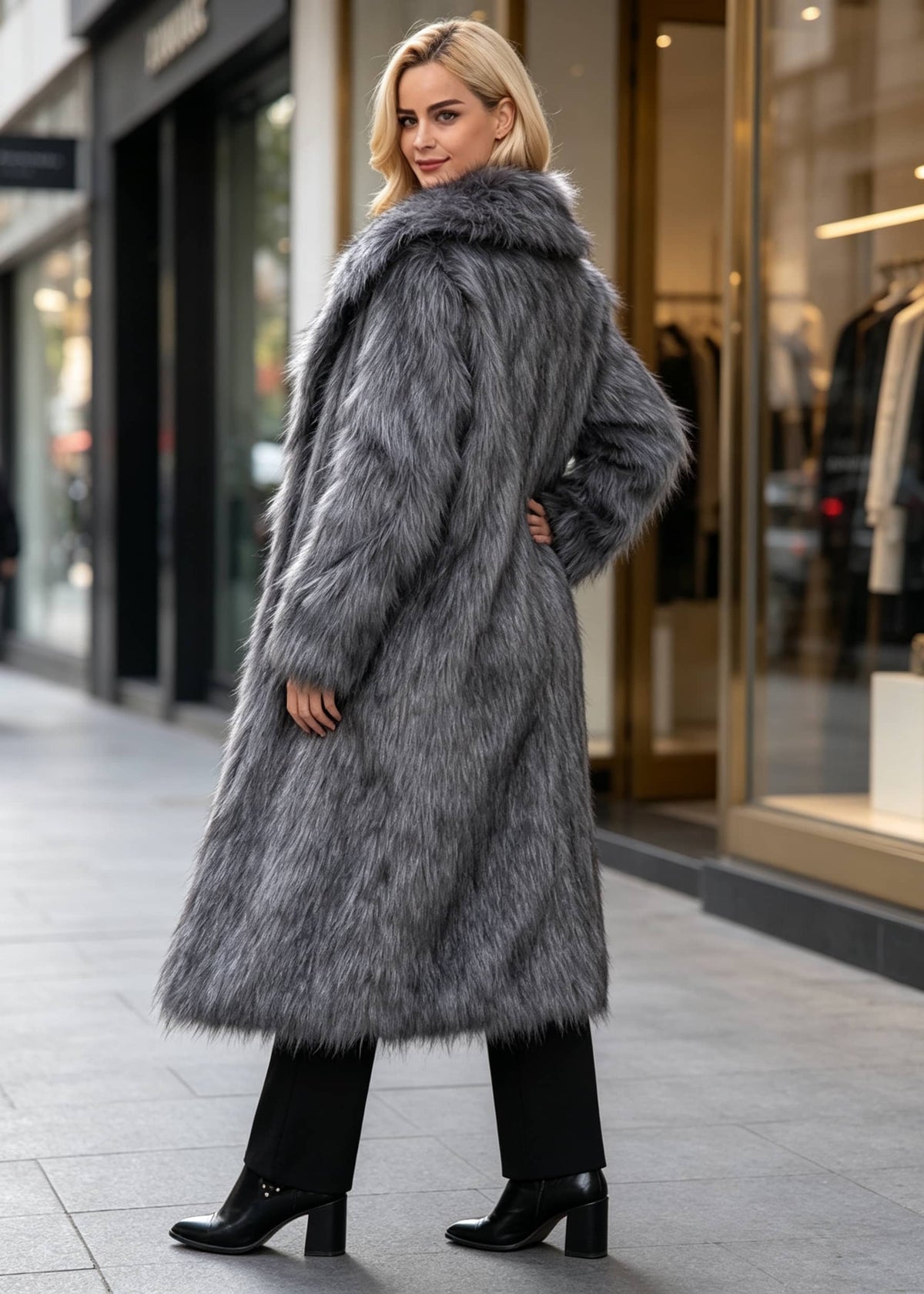 Three-quarter back angle of a woman in a textured grey maxi faux fur overcoat looking over her shoulder outside a luxury boutique.